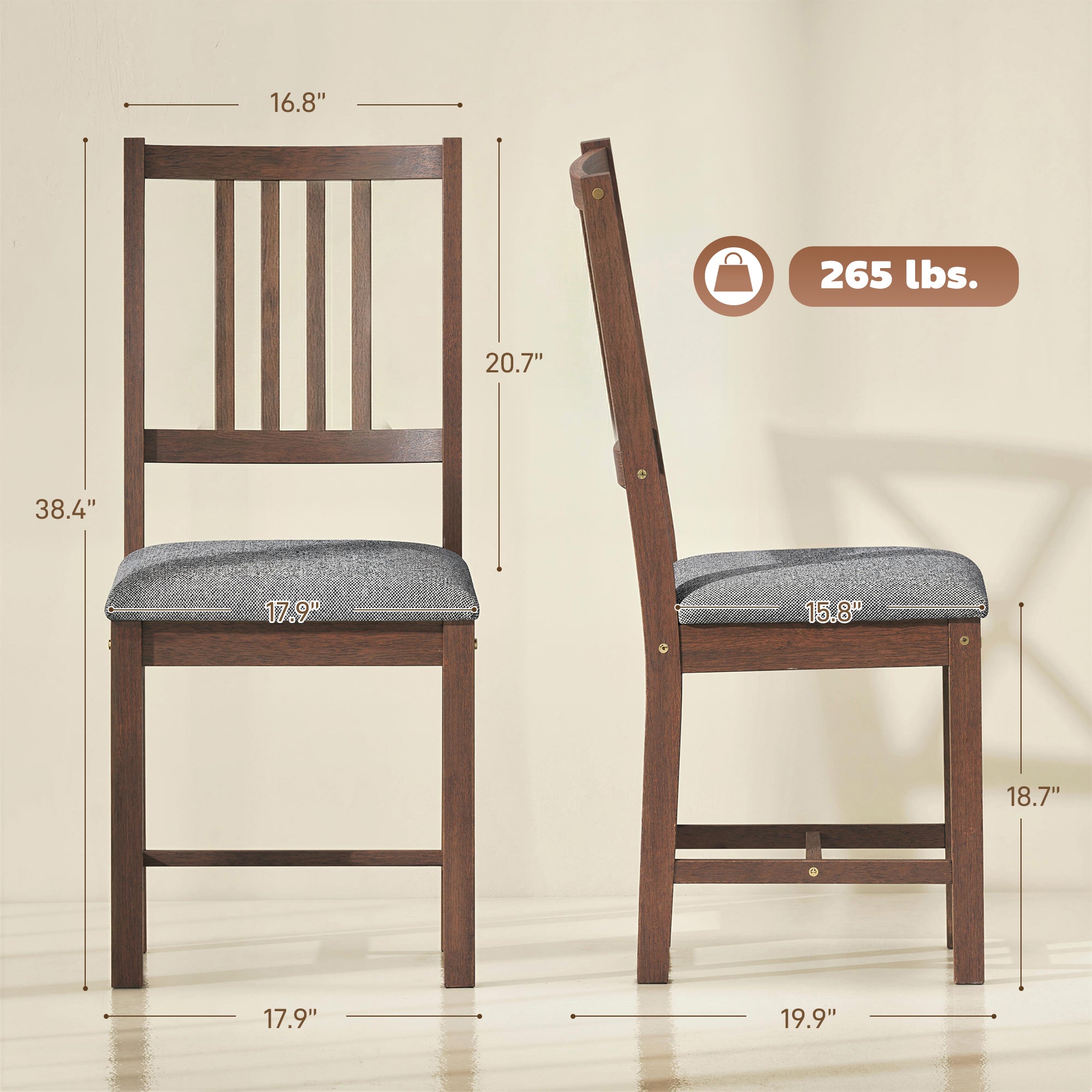 Set of 2 Dining Chairs, Upholstered Slat Back Dining Room Chairs with Rubberwood Legs and Padded Seat, Walnut