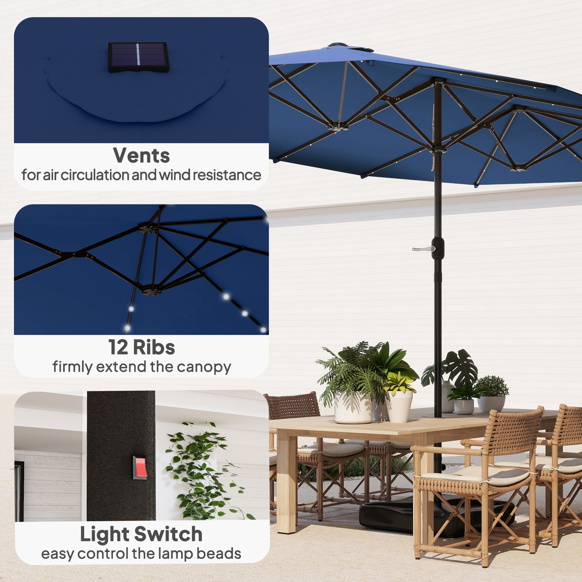 Garden Parasol 14.4ft Double-Sided Sun Umbrella with Base, Patio Parasol with LED Solar Lights, Navy Blue