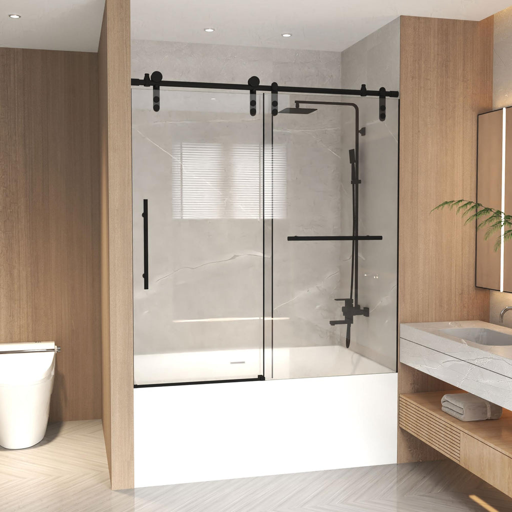 Sliding Bathtub Door with Waterproof Seals and Tempered Glass, Bathroom Door with Towel Bar Handle, 60" L x 0.5" W x 66" H, Matte Black