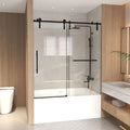 Sliding Bathtub Door with Waterproof Seals and Tempered Glass, Bathroom Door with Towel Bar Handle, 60" L x 0.5" W x 66" H, Matte Black