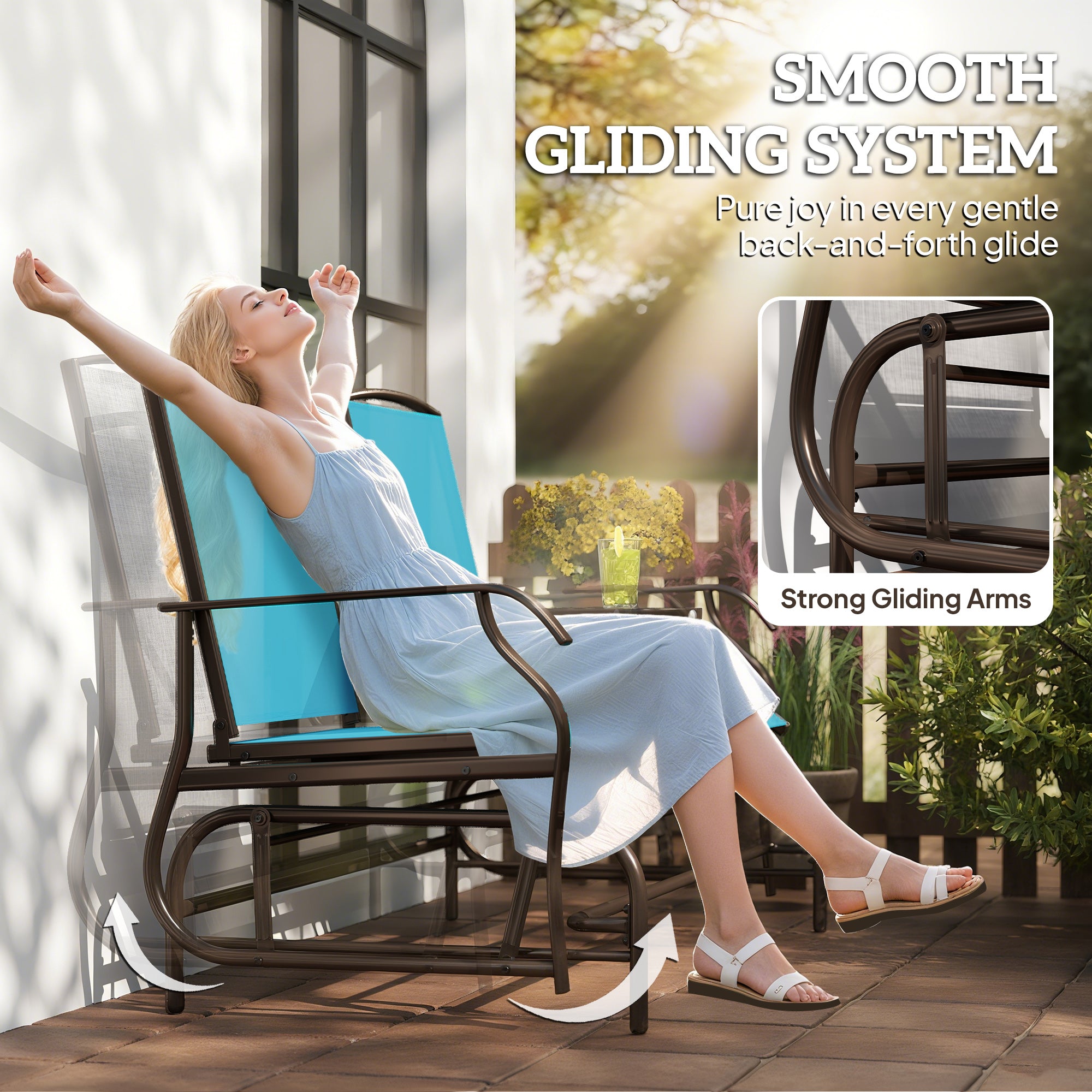 2 Seater Glider for Outside Outdoor Glider Seat with Breathable Mesh Fabric Armrests for Backyard Garden Porch Blue