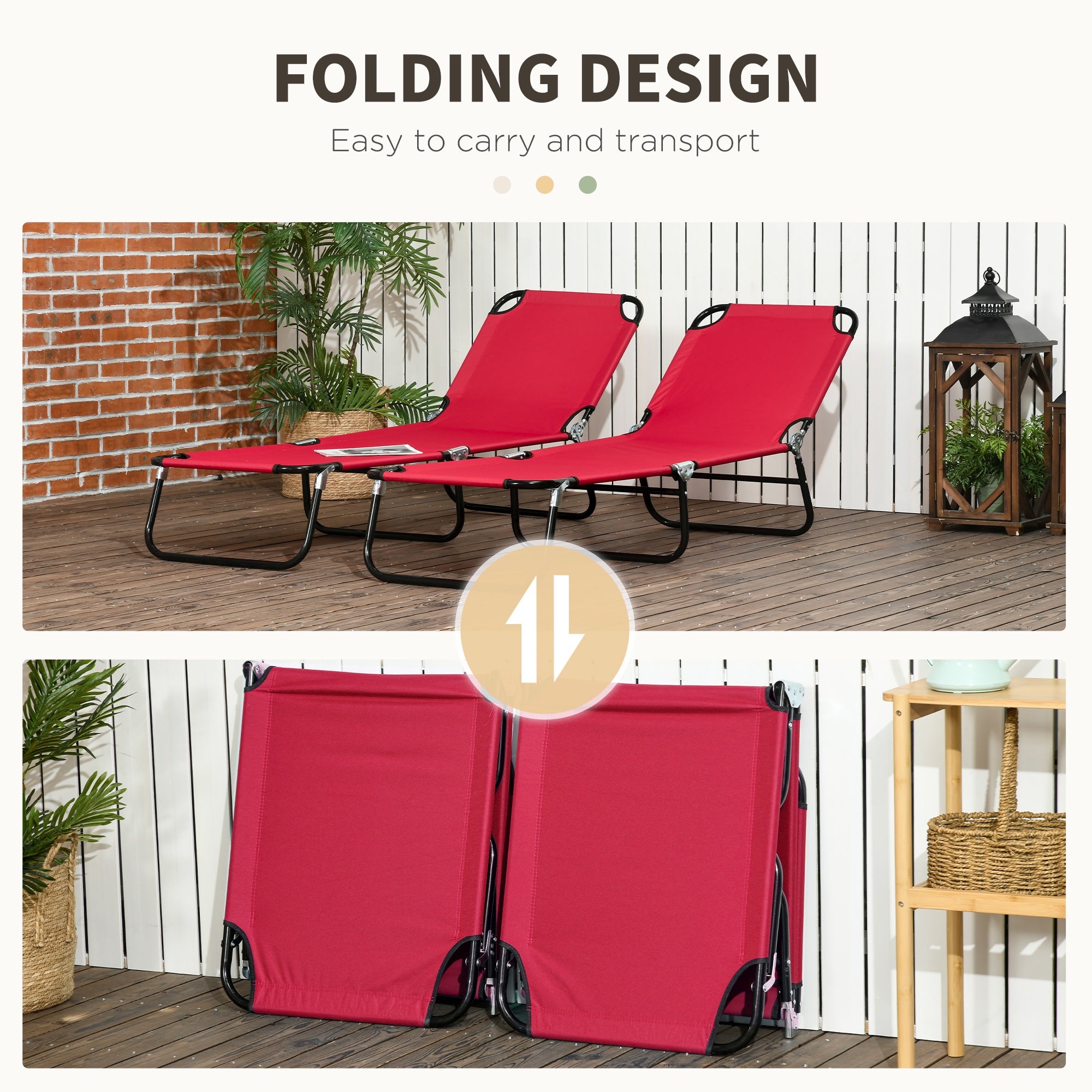 2 Piece Folding Chaise Lounge Pool Chairs, Outdoor Sun Tanning Chairs with 5-Level Reclining Back, Steel Frame for Beach, Yard, Patio, Red
