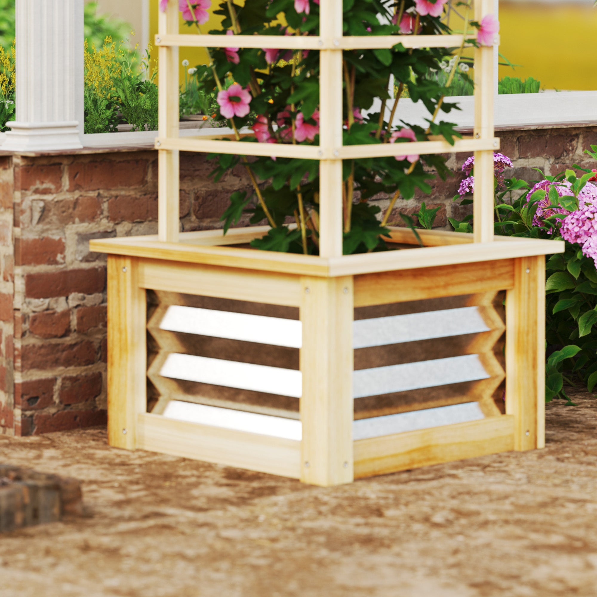 Wooden Raised Garden Bed with Trellis, Galvanized Planter Box Elevated Garden Bed for Garden, Patio, Natural Wood