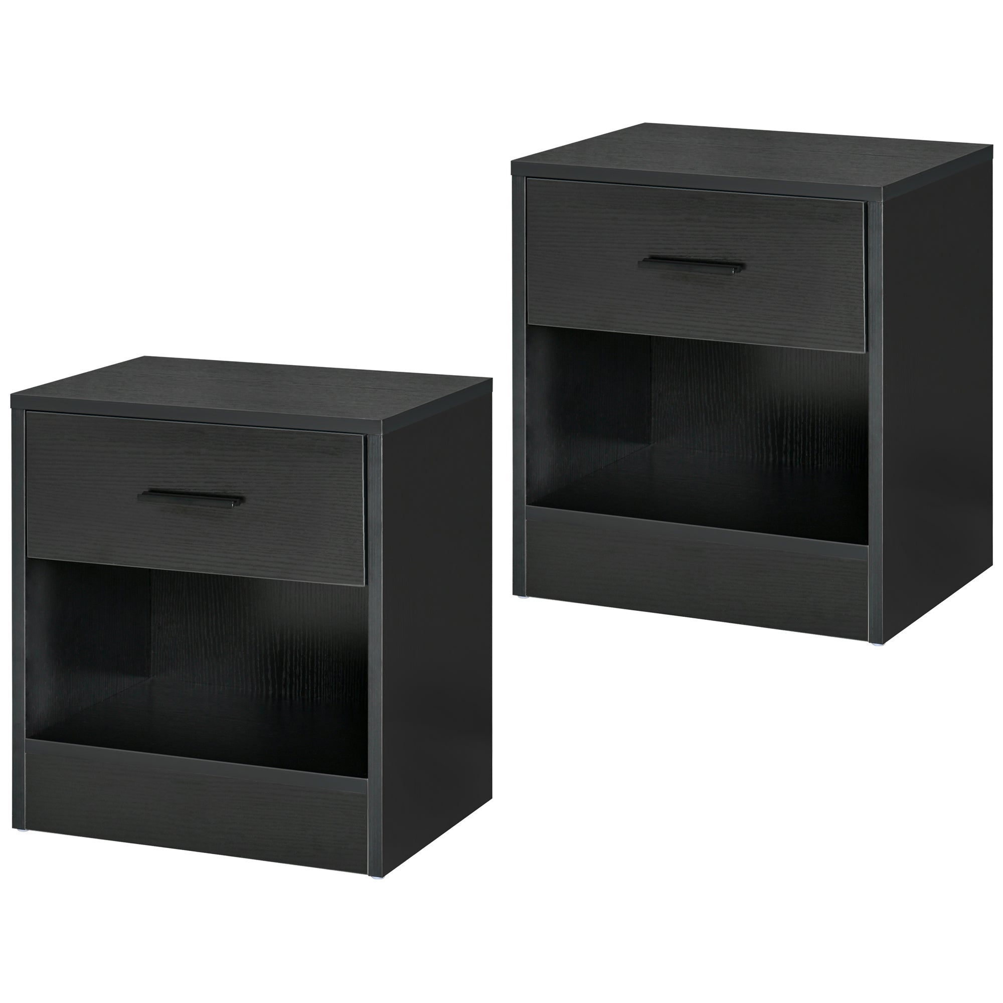 Side Table with Drawer and Storage Shelf, End Table with Storage, Set of 2, Black Wood Grain