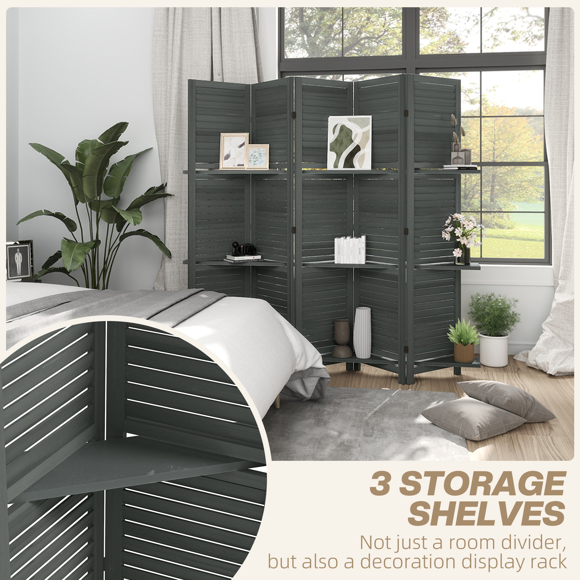 5 Panel 67" Tall Wood Privacy Screen Room Divider with 3 Shelves and Folding Storage for Bedroom, Gray