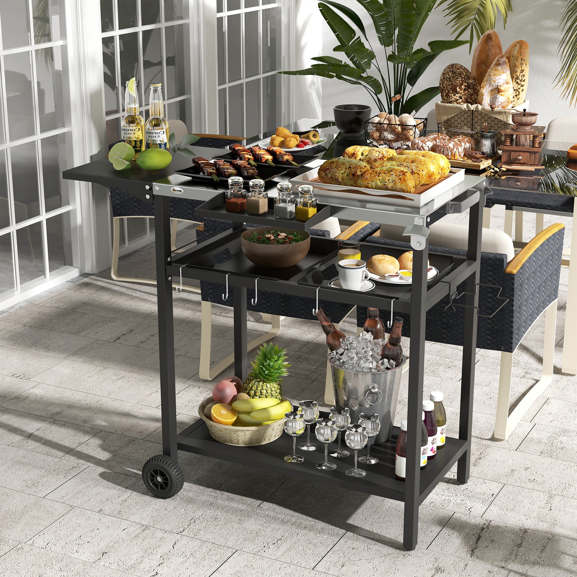 2-Tier Shelf Outdoor Bar Cart, Stainless Steel Tabletop Patio Serving Cart with Accessories for Poolside, Garden, Black