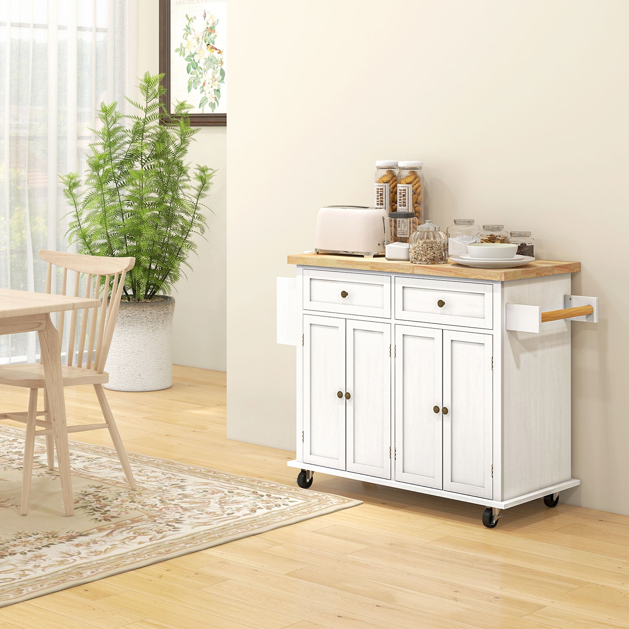 Modern Rolling Kitchen Island Cart with Spice Rack, Distressed White