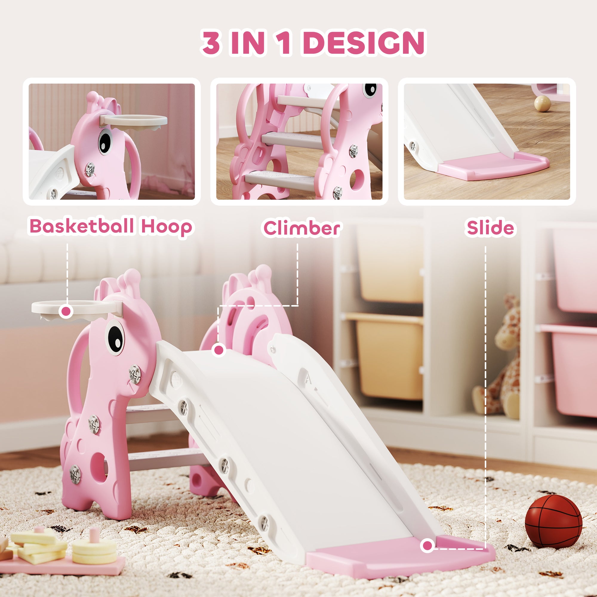 3-in-1 Toddler Slide for Age 1-3, Freestanding Kids Slide with Climber, Basketball Hoop and Ball, Giraffe Design, Pink