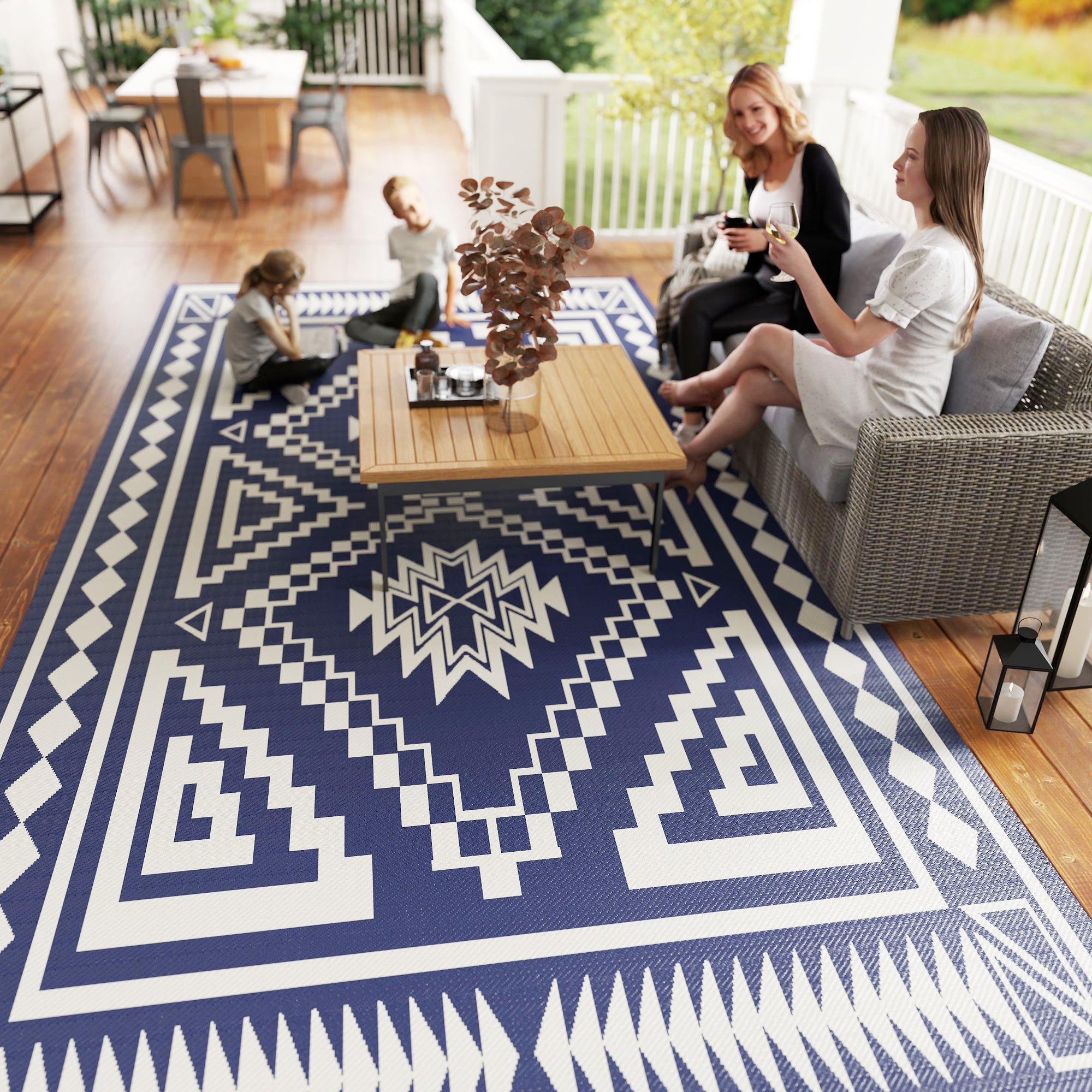 Reversible Outdoor Rug, Waterproof Plastic Straw with Carry Bag, 9' x 18', Blue & White Square Patchwork