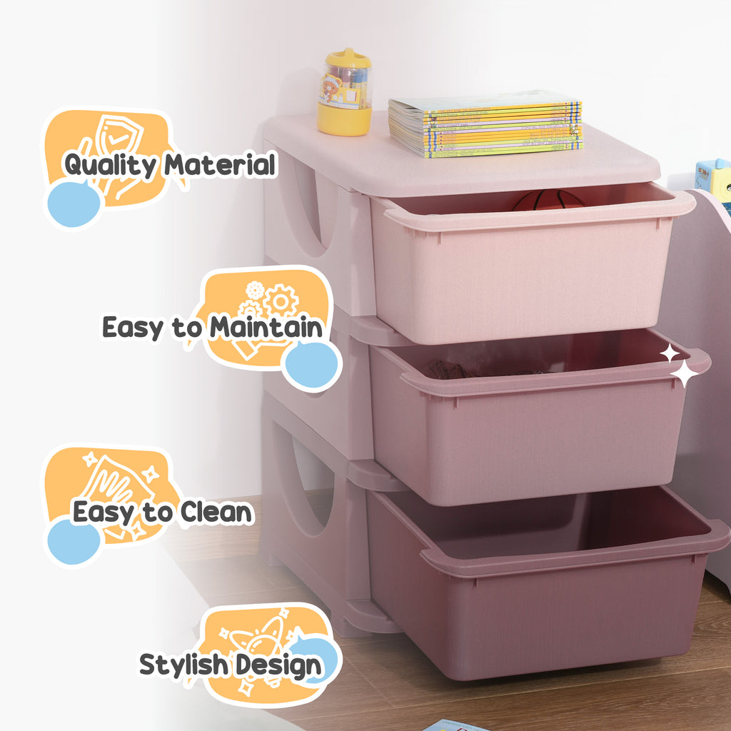 3 Drawers Kids Storage Unit, 3 Tier Stackable Toy Organizers and Storage Chest for Bedroom, Nursery, Playroom, Living Room, Boys, Girls, Toddlers, Pink