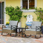 3 Piece Patio Rocking Chair Set, Outdoor Wicker Bistro Set with 2 Oversize Cushioned Porch Rockers and 2 Tier Coffee Table for Garden, Backyard, Light Gray