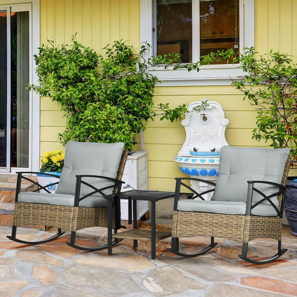3 Piece Patio Rocking Chair Set, Outdoor Wicker Bistro Set with 2 Oversize Cushioned Porch Rockers and 2 Tier Coffee Table for Garden, Backyard, Light Gray