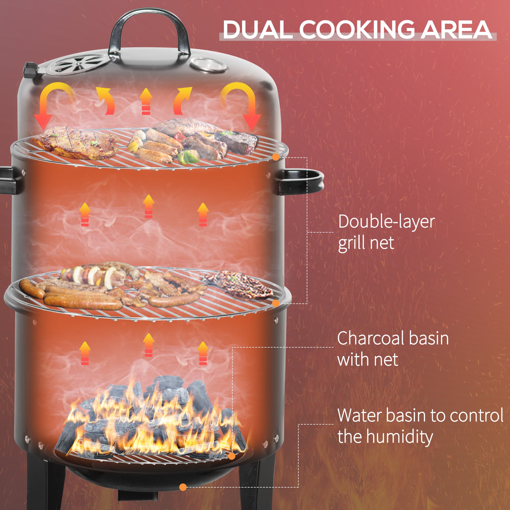 3-in-1 Vertical Charcoal BBQ Smoker Grill with 2 Cooking Areas and Thermometer