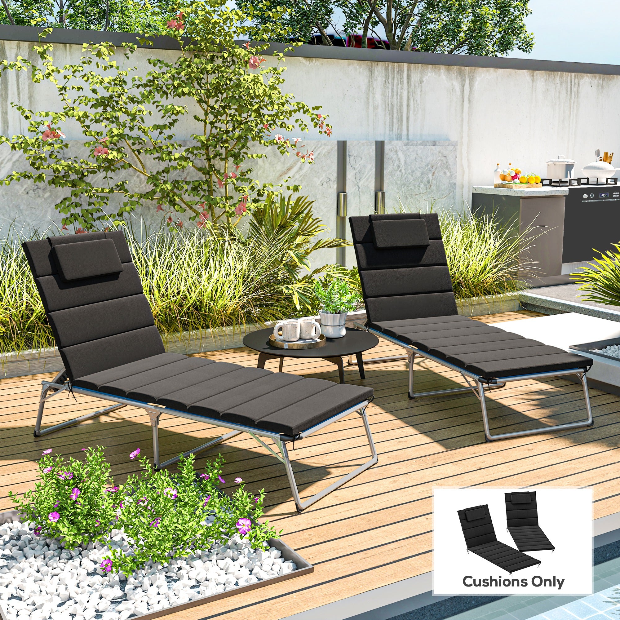 Foldable Chaise Lounge Cushion Set of 2, Outdoor Lounge Chair Cushion Set, UPF50+ 230gsm Olefin, 80" x 26" Black