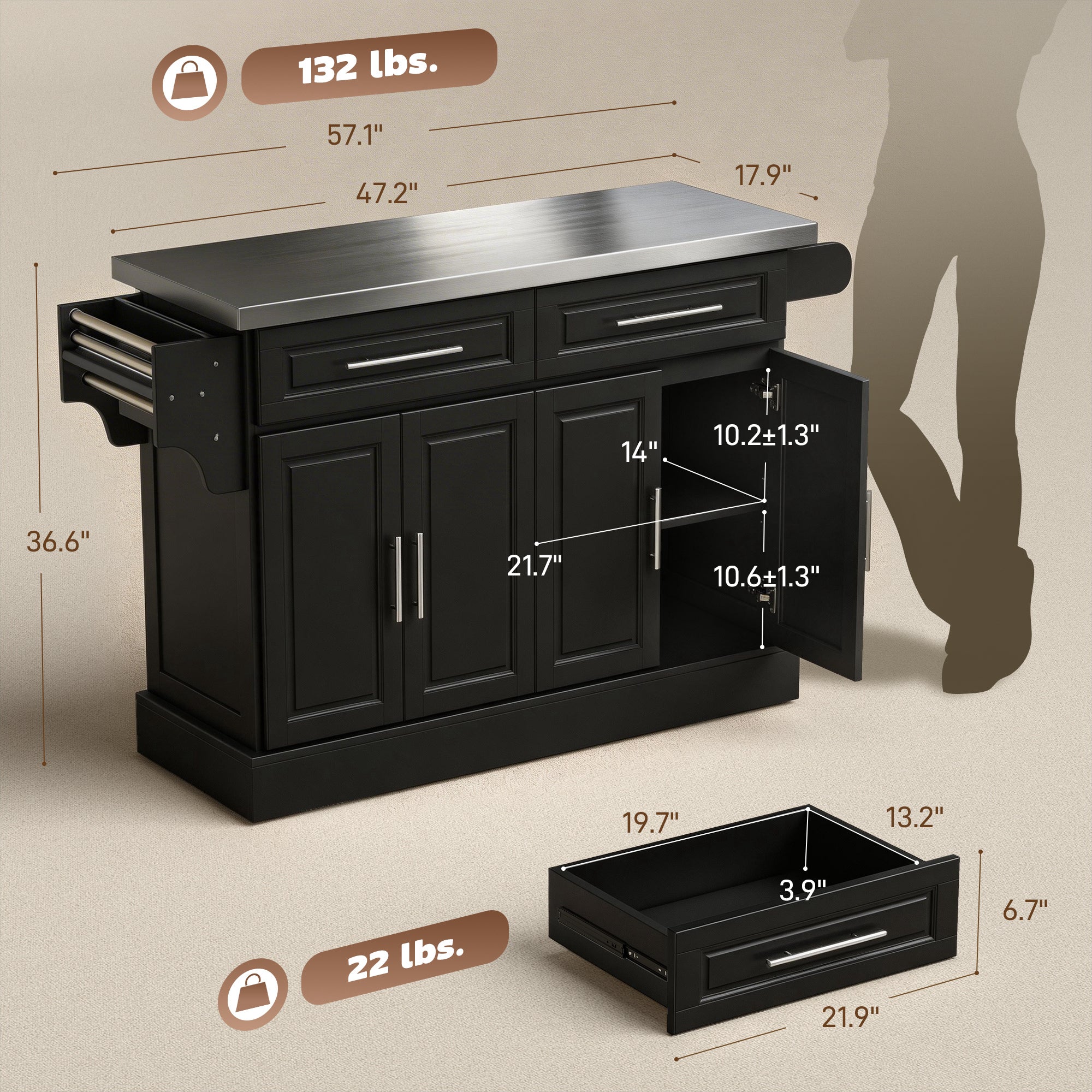 Rolling Kitchen Island Cart with 47" Stainless Steel Top, Portable Island Table for Kitchen with Wheels, Adjustable Shelves, 2 Drawers, Spice, Knife and Towel Rack, Black