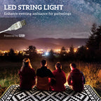Outdoor Rug Carpet Reversible Plastic Straw Rug with LED Lights Black and White 12' x 9' for Patio