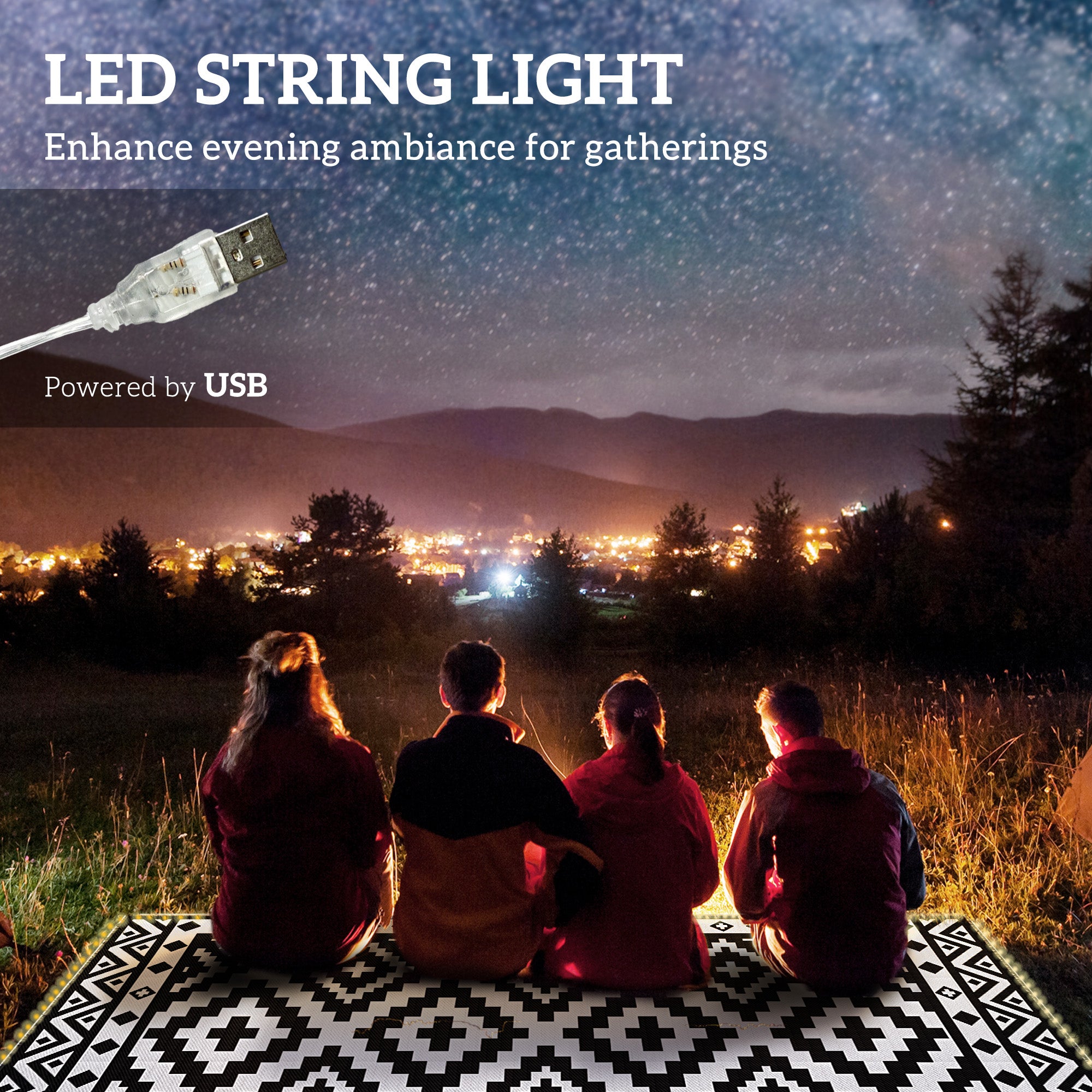 Outdoor Rug Carpet Reversible Plastic Straw Rug with LED Lights Black and White 12' x 9' for Patio