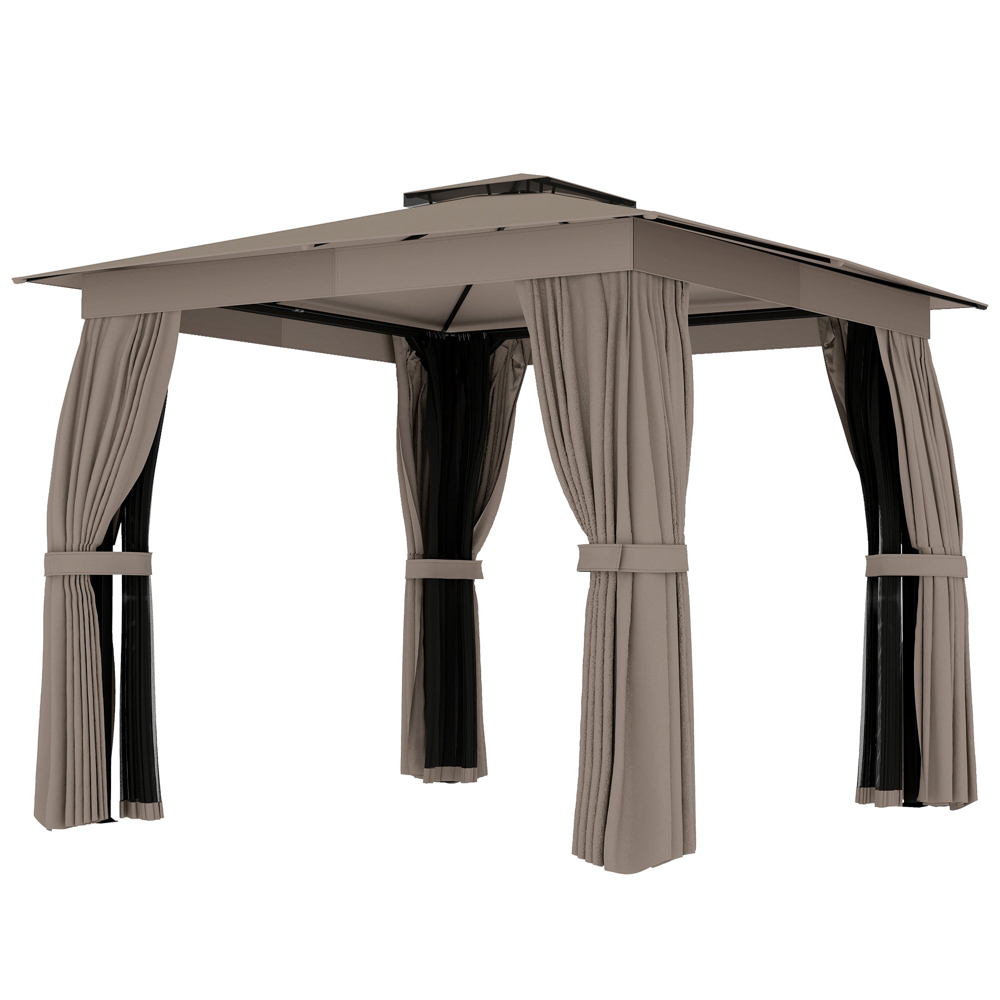 10' x 10' Outdoor Patio Gazebo, Soft Top Gazebo Canopy Shelter with Curtains, Netting, Steel Frame, Hook, Khaki