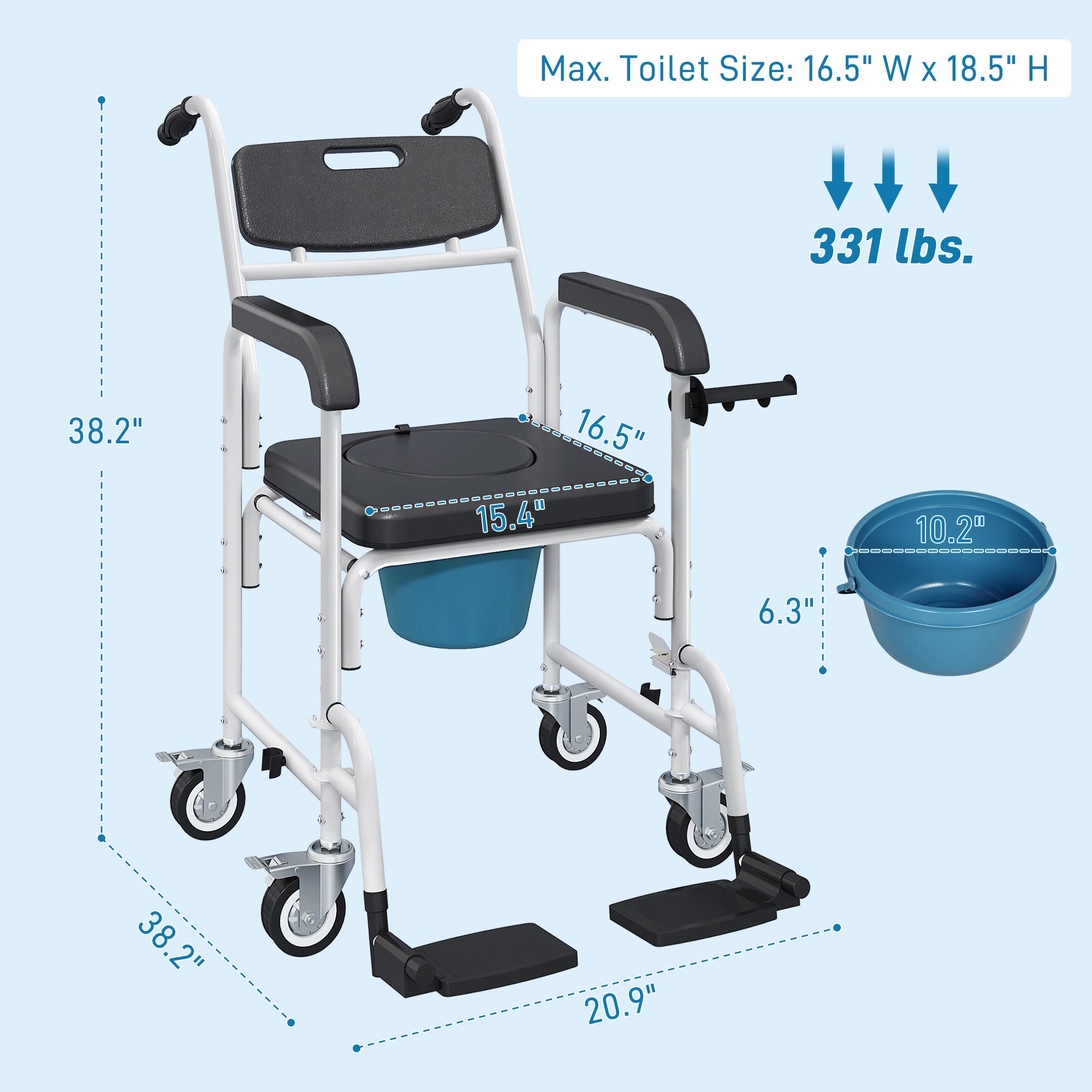 Rolling Shower Wheelchair for Seniors, Bedside Commode Chair with Locking Wheels, Seat, Backrest, Arms, Black