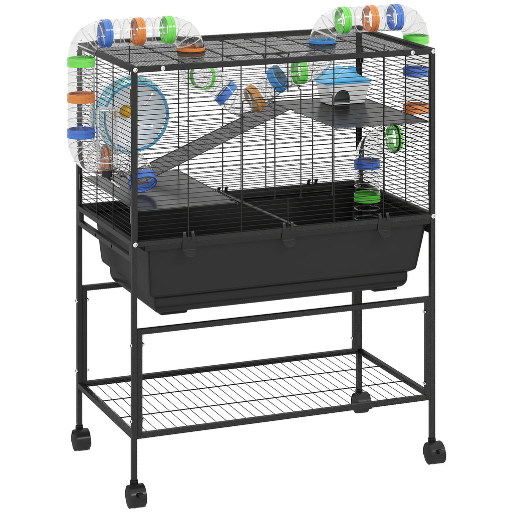 3 Tier Hamster Cage, Rolling Rat Cage with Deep Tray, Storage Shelf, Big Exercise Wheel, Hut, Tube System