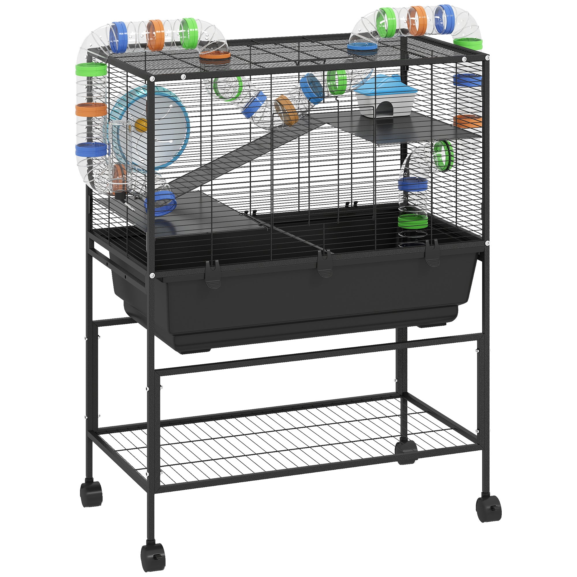3 Tier Hamster Cage, Rolling Rat Cage with Deep Tray, Storage Shelf, Big Exercise Wheel, Hut, Tube System