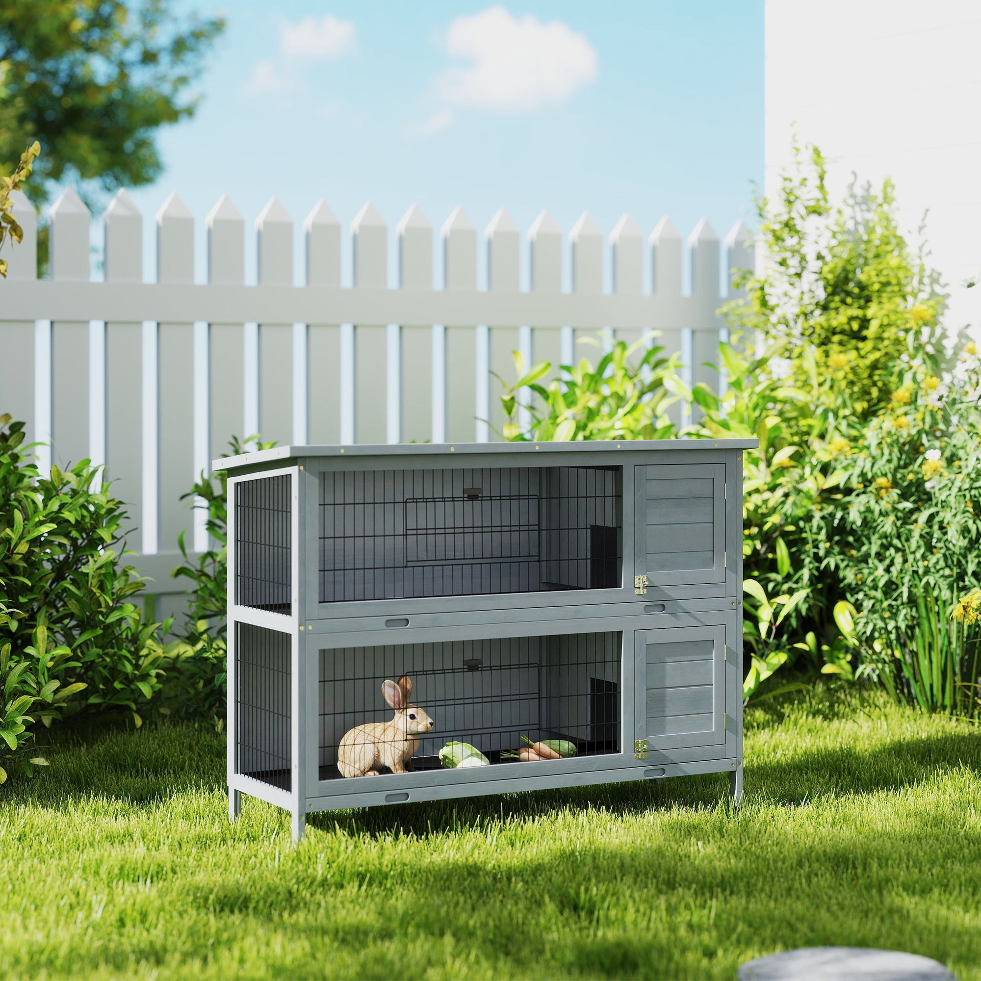 54" 2-Story Large Rabbit Hutch Bunny Cage Wooden Pet House Small Animal Habitat Lockable Doors, Tray, Roof, Gray