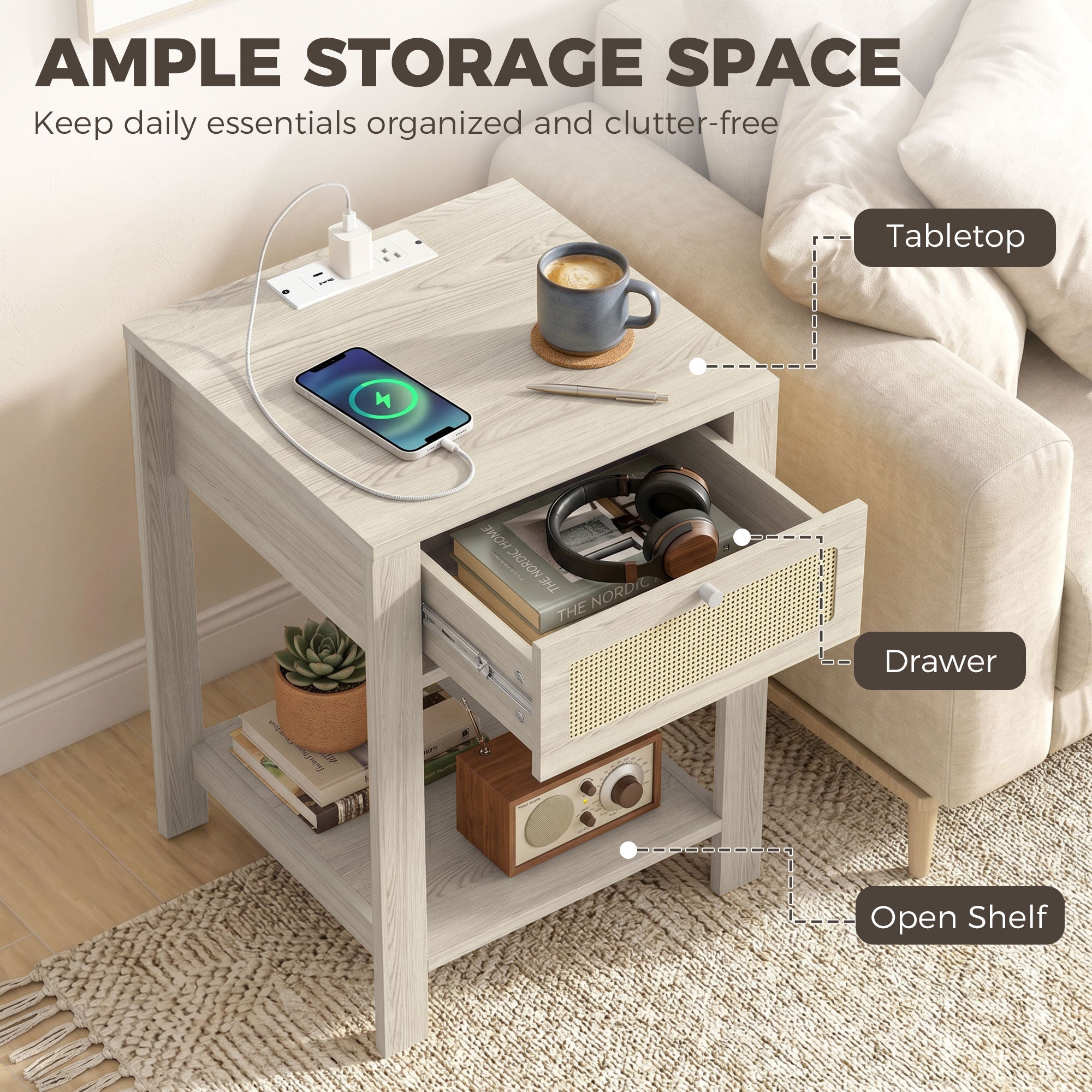 Boho Side Tables Set of 2 with Charging Station, End Tables with Drawer and Open Shelf for Living Room, Natural Wood