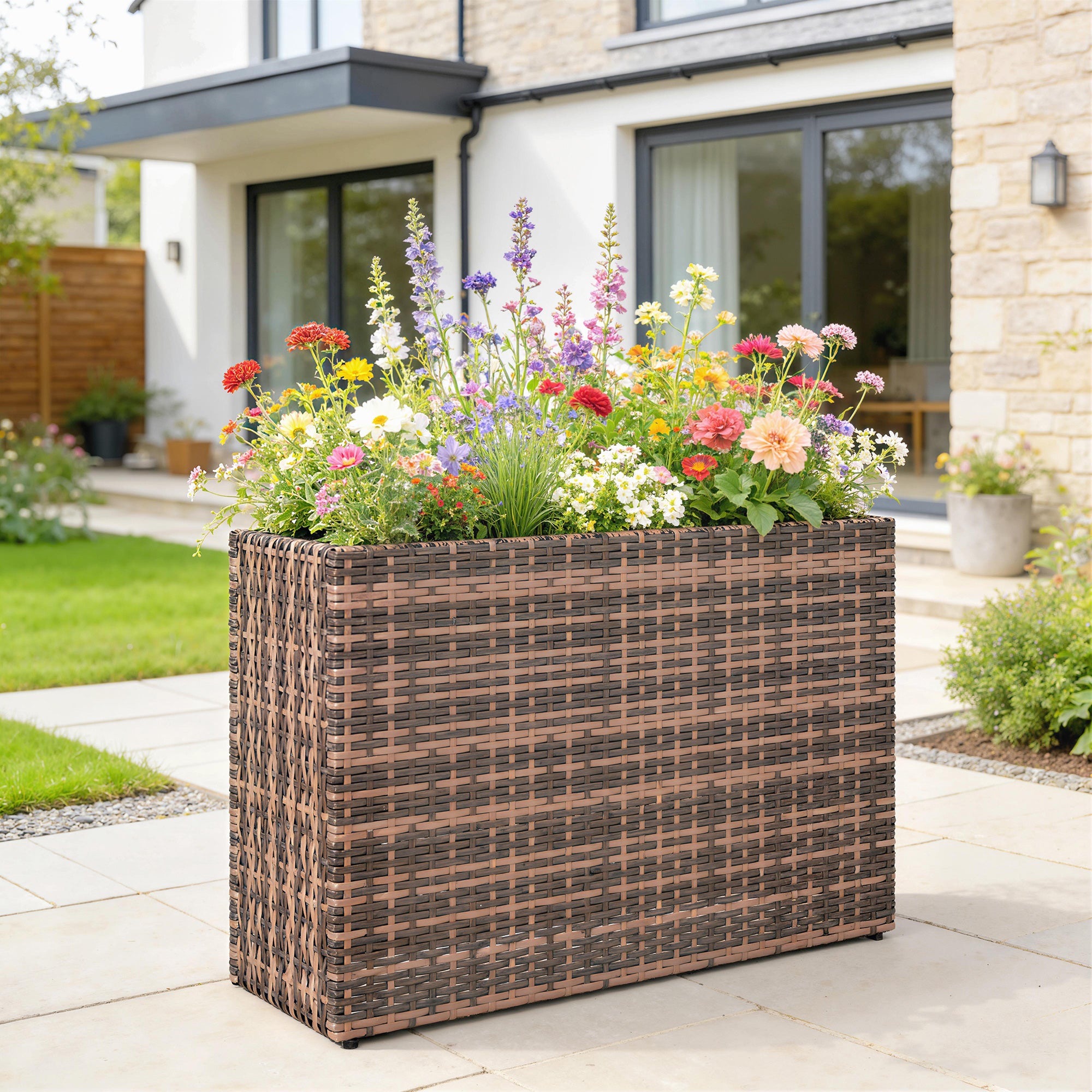 Tall Rectangular Planter with Removable Liner, Holes, PE Wicker Large Planter Box for Indoor Outdoor Plants, Brown