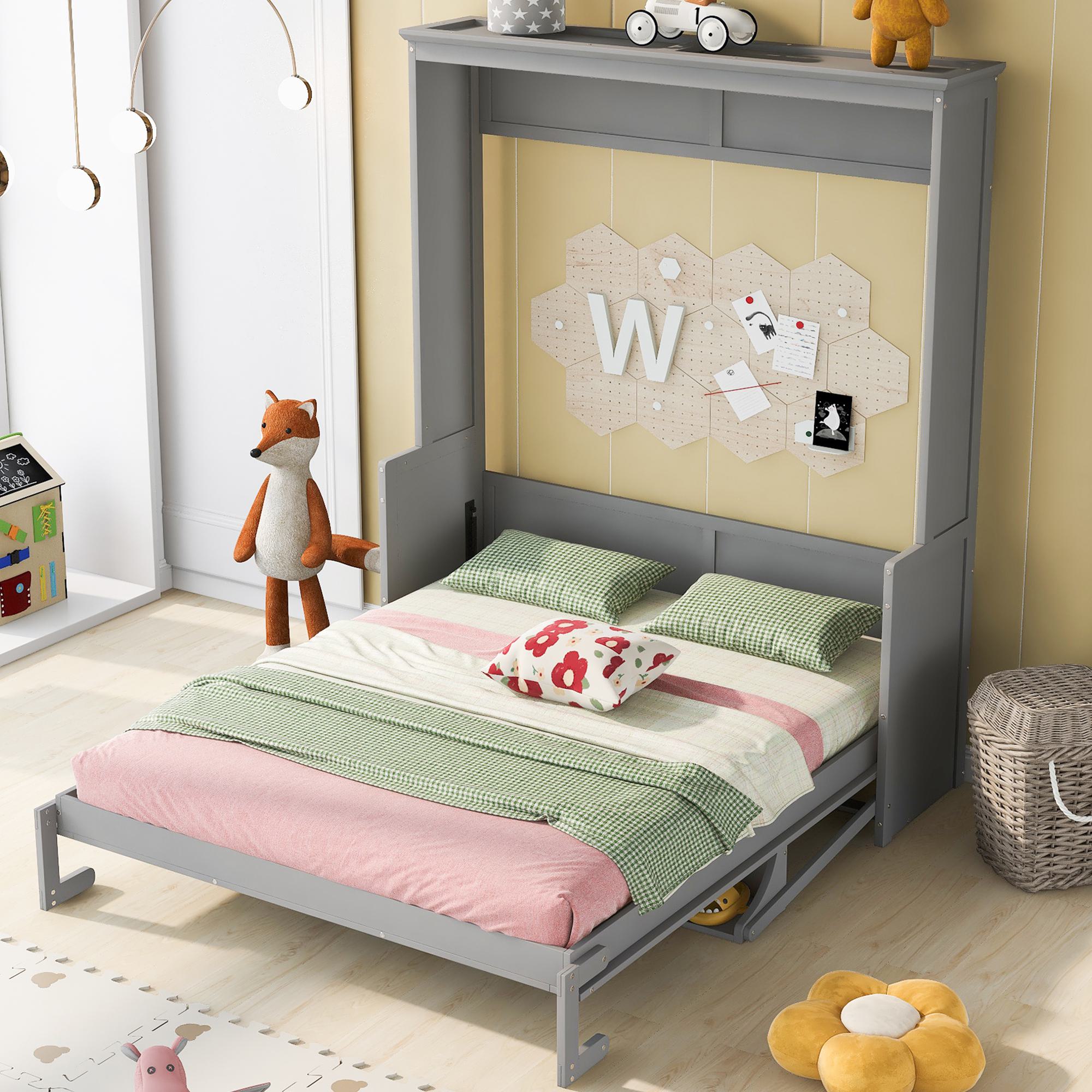 Space-Saving Design Queen Size Murphy Bed with Shelf, Solid Wood and MDF, 86" L x 69.5" W x 87" H, Gray