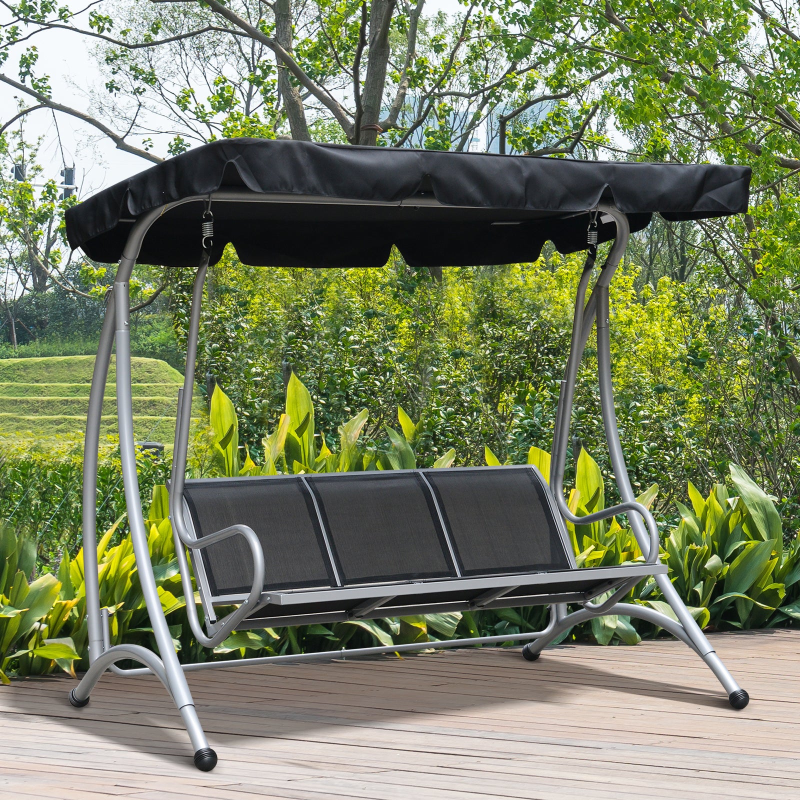 3-Seat Outdoor Porch Swing Chair, Patio Swing Glider with Adjustable Canopy, Breathable Seat, and Steel Frame for Garden, Poolside, Backyard, Black