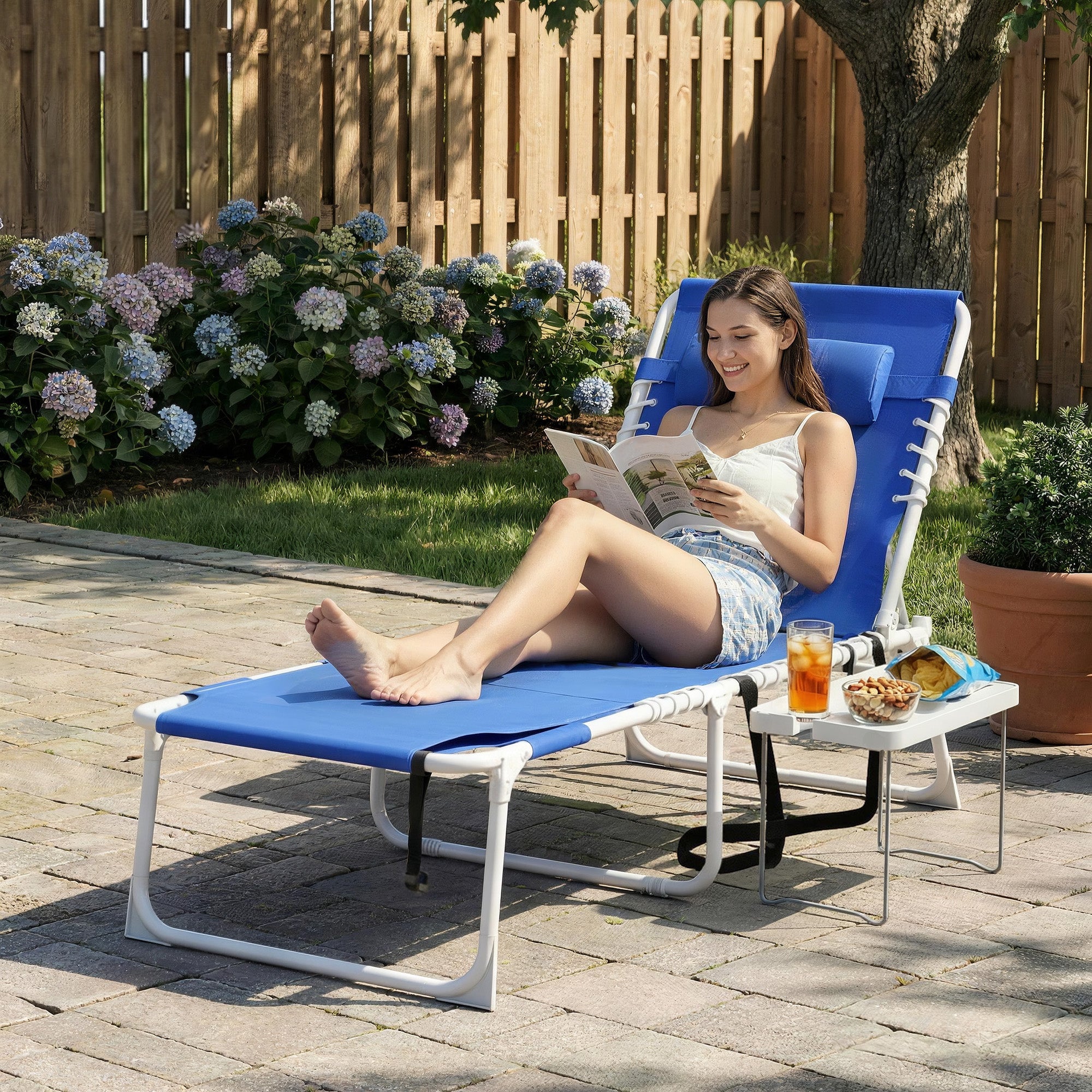 Tanning Chair with Face Hole and Side Table, 5-Position Folding Outdoor Chaise Lounge Chair, Navy Blue