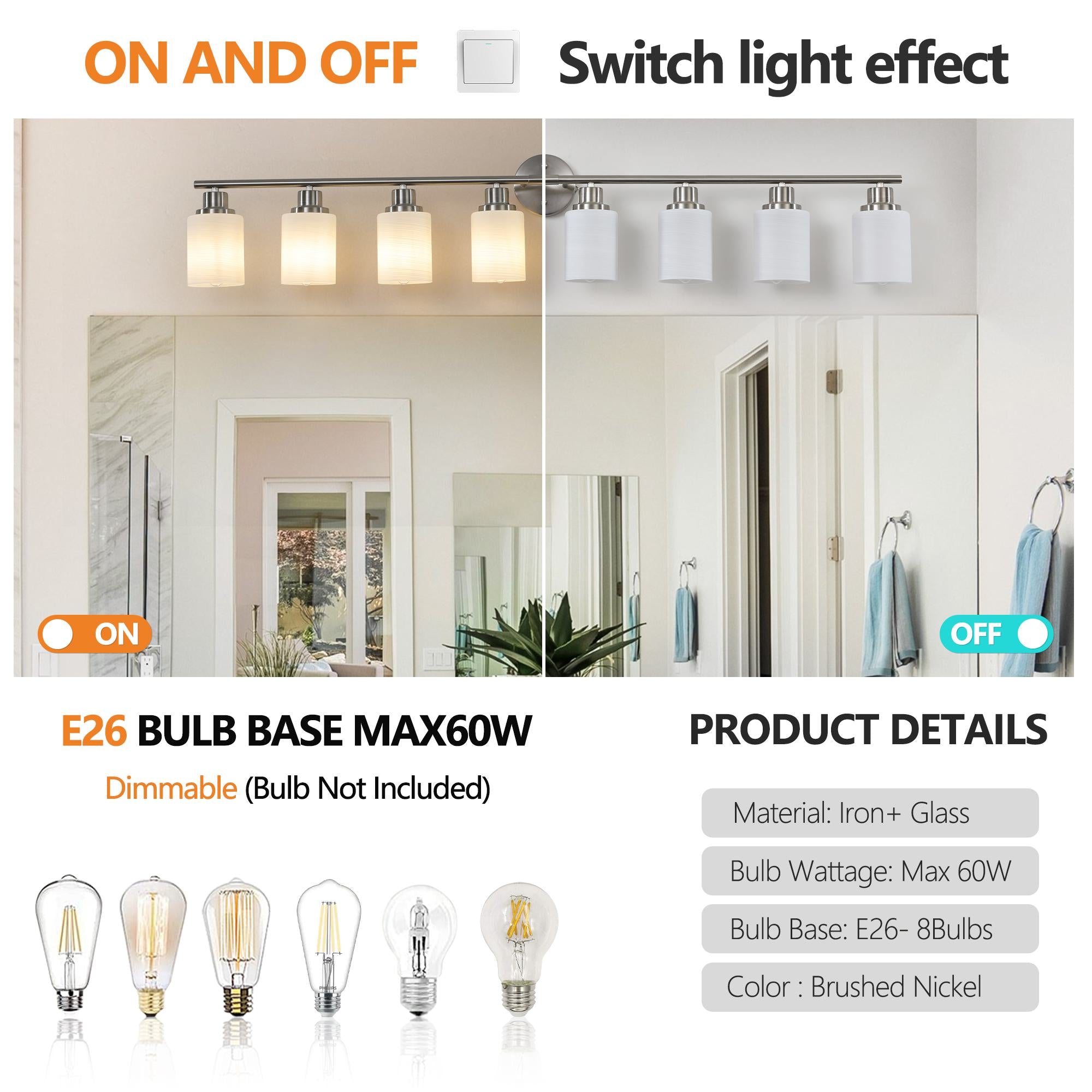 52" 8-Light Vanity Wall Sconce with Frosted Glass Shades, Brushed Nickel Finish, Ideal for Bathroom, Hallway, 52" L x 6.5" W x 10" H, Silver