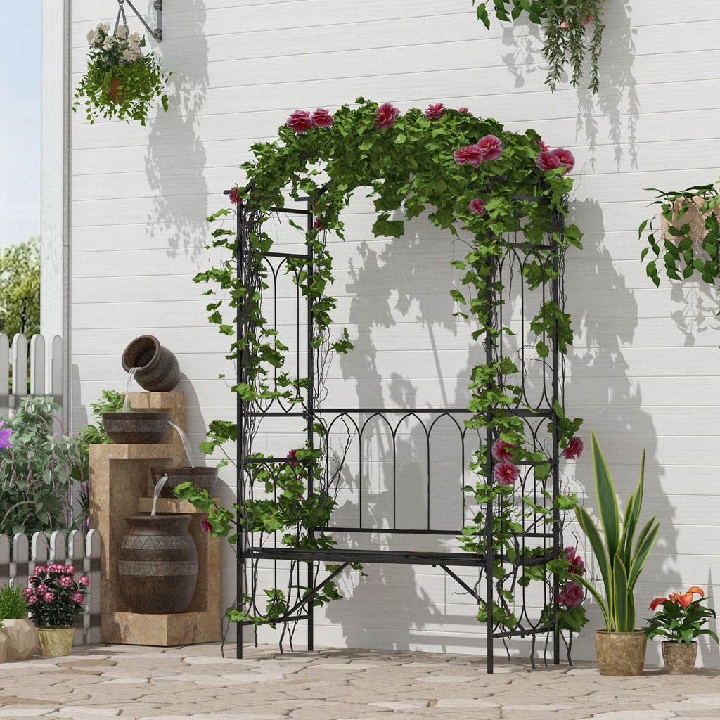 Metal Trellis Arbor Arch for Climbing Plants with Garden Bench, Grow Grapes and Vines, Decorative Seating, Black