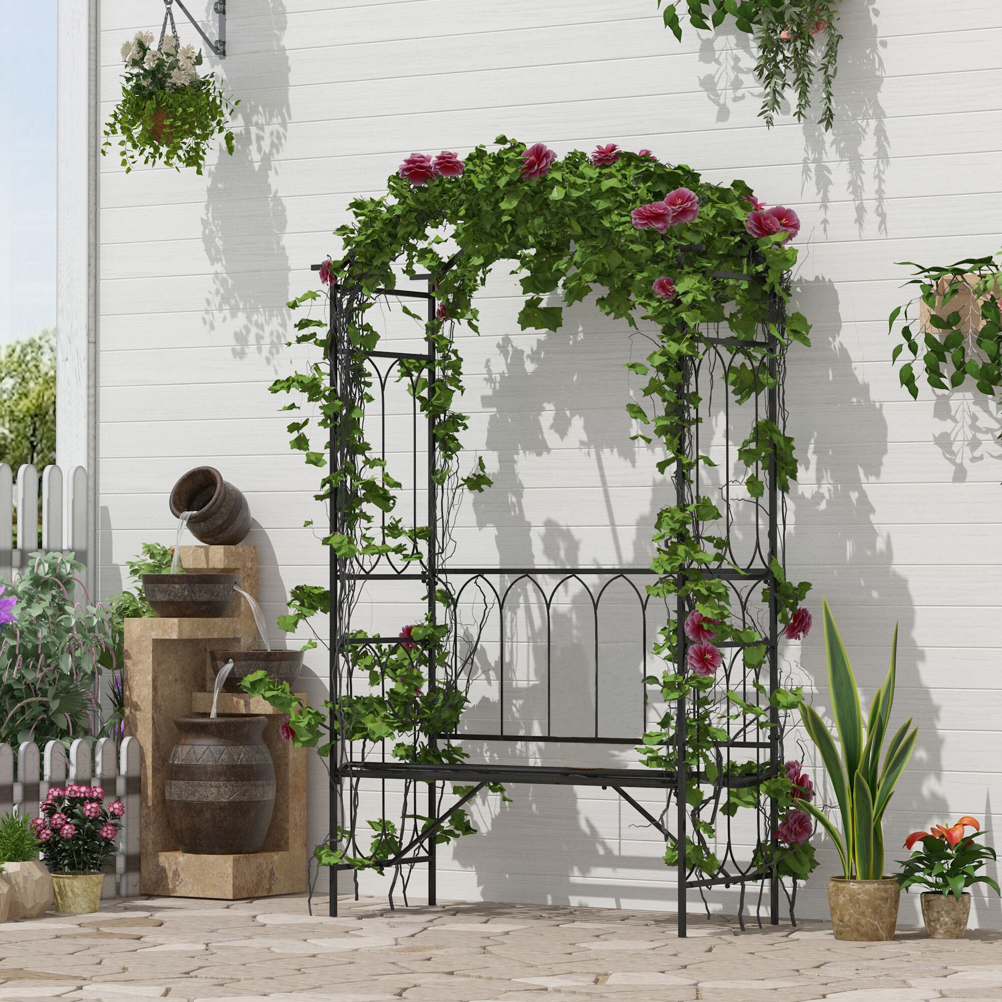 Metal Trellis Arbor Arch for Climbing Plants with Garden Bench, Grow Grapes and Vines, Decorative Seating, Black