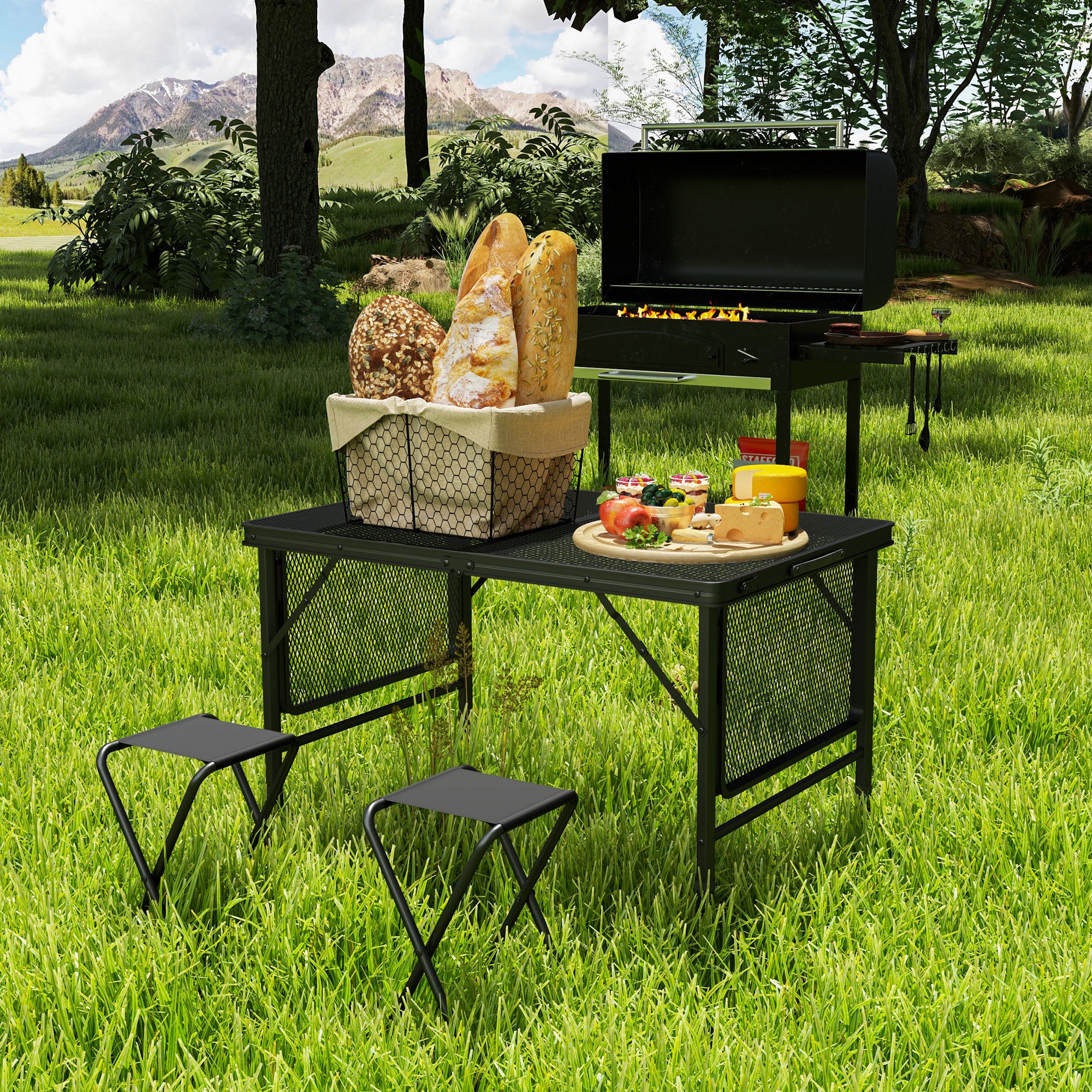 Folding Camping Table, 4.5ft Portable Table with 2 Wing Panels, Height Adjustable Metal Picnic Table