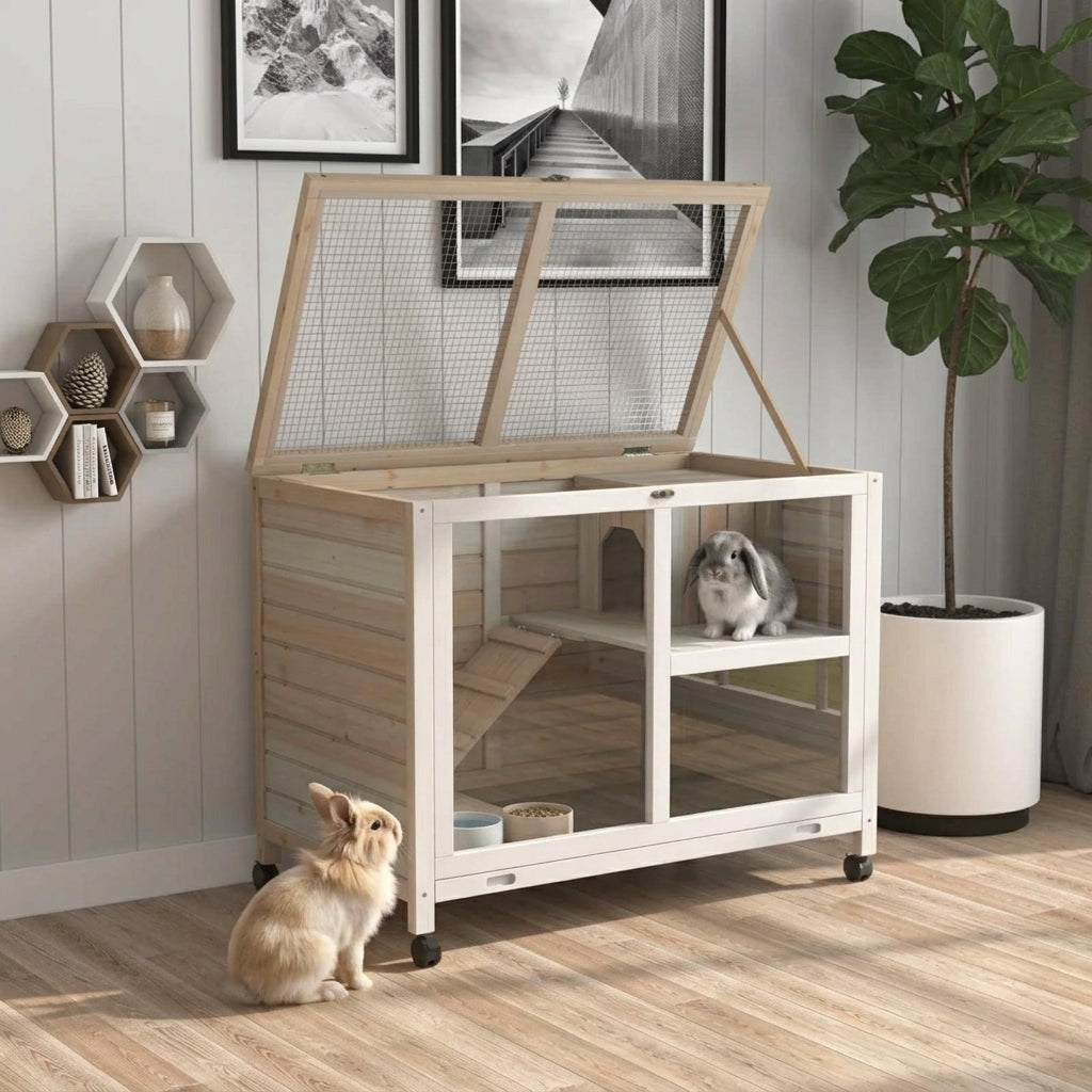 Rabbit Hutch with Wheels, Desk and Side Table Sized, Wooden Rabbit Cage, Waterproof Small Bunny Cage with Removable Tray, Openable Roof, for Rabbits, Chickens, Ducks, Indoor/Outdoor, Natural