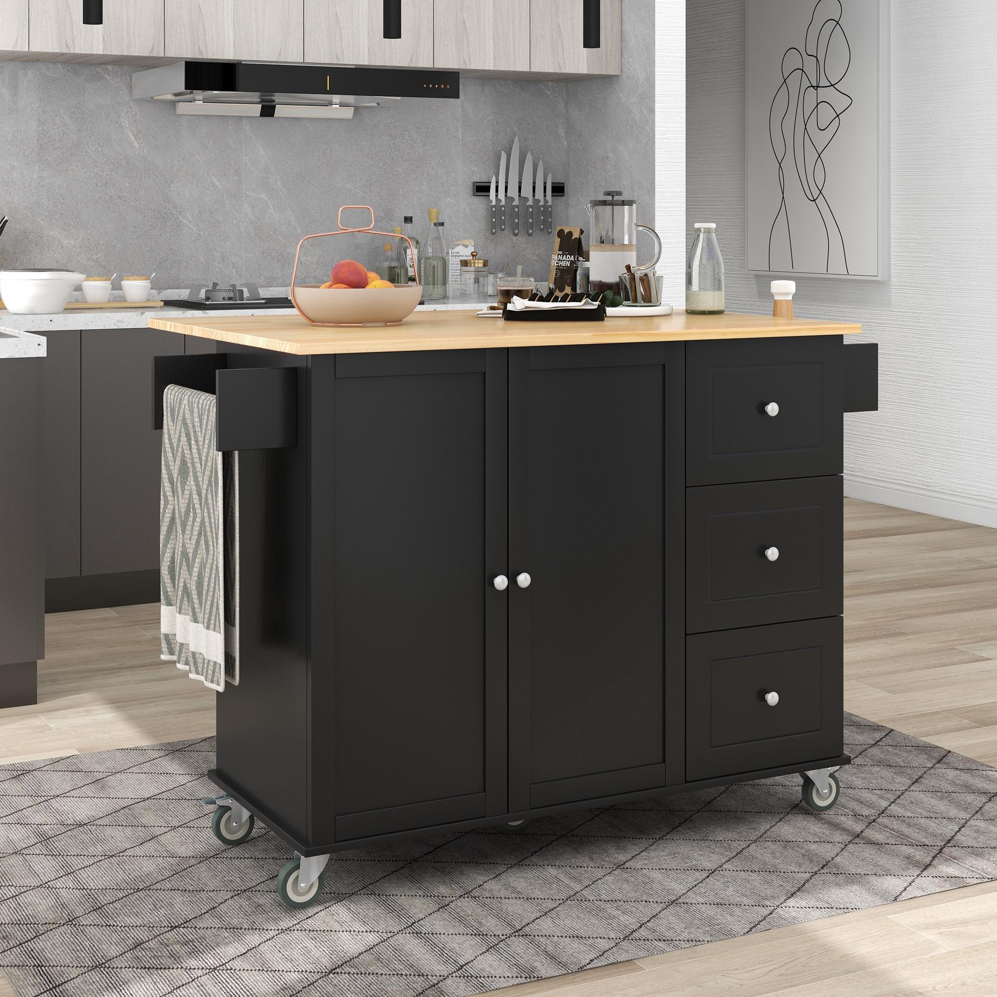 Mobile Kitchen Island with Drop Leaf Breakfast Bar, Wood Top, Racks and Drawers, Central Island with Locking Wheels, 53" L x 29.5" W x 37" H, Black