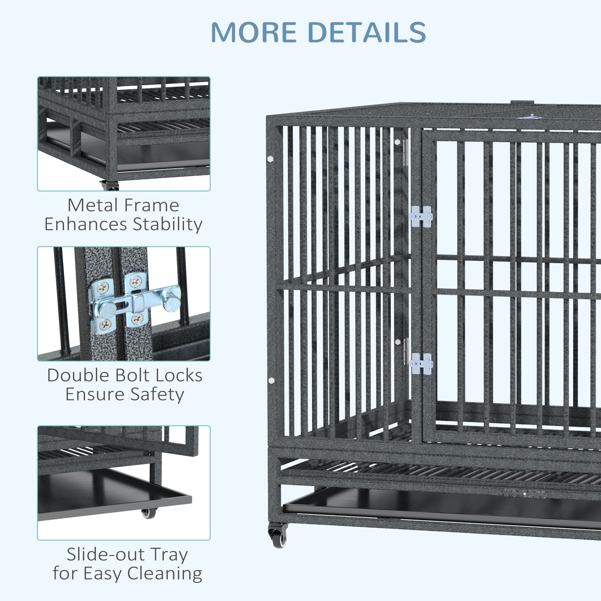 43" Heavy Duty Dog Crate Metal Cage Kennel with Lockable Wheels, Double Door and Removable Tray, Gray