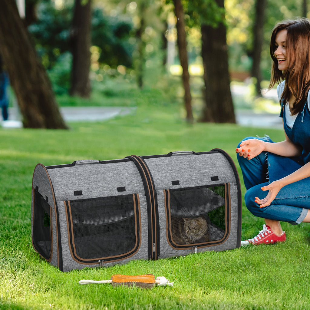 39" Portable Soft-Sided Pet Cat Carrier with Divider, Two Compartments, Soft Cushions, & Storage Bag, Gray