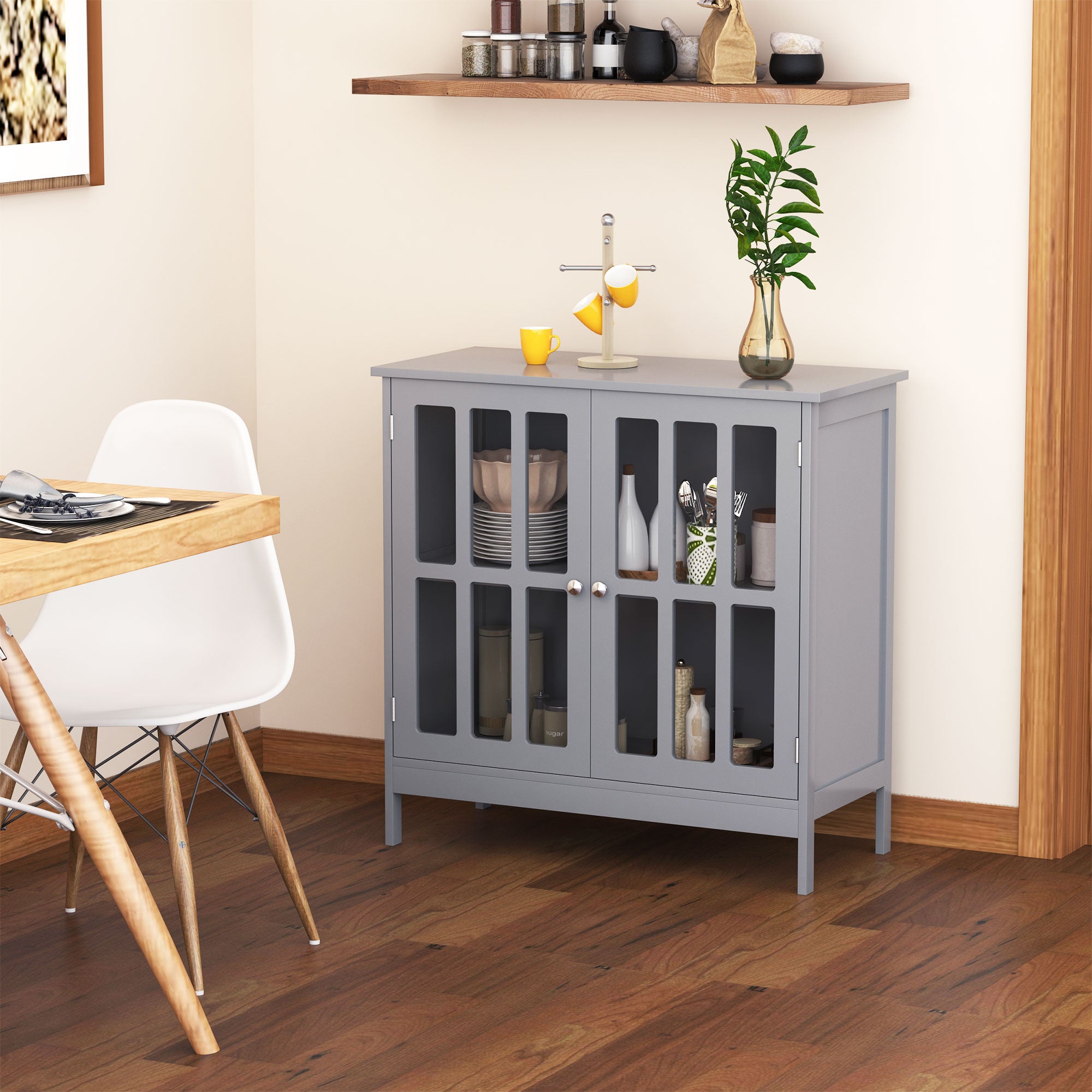 Contemporary Storage Cabinet, Cupboard Buffet Credenza with 2 Doors for Kitchen, Hallway, Living Room, Gray