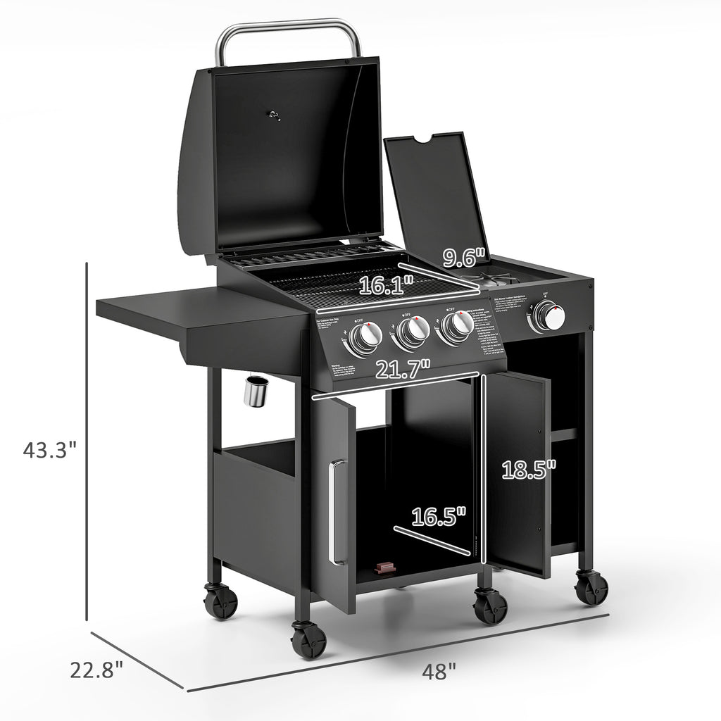 3 Burner Propane Gas Grill with Side Burner Barbecue Grill with Shelves, 9.5 KW Output, 310 Sq. in. Cooking Area