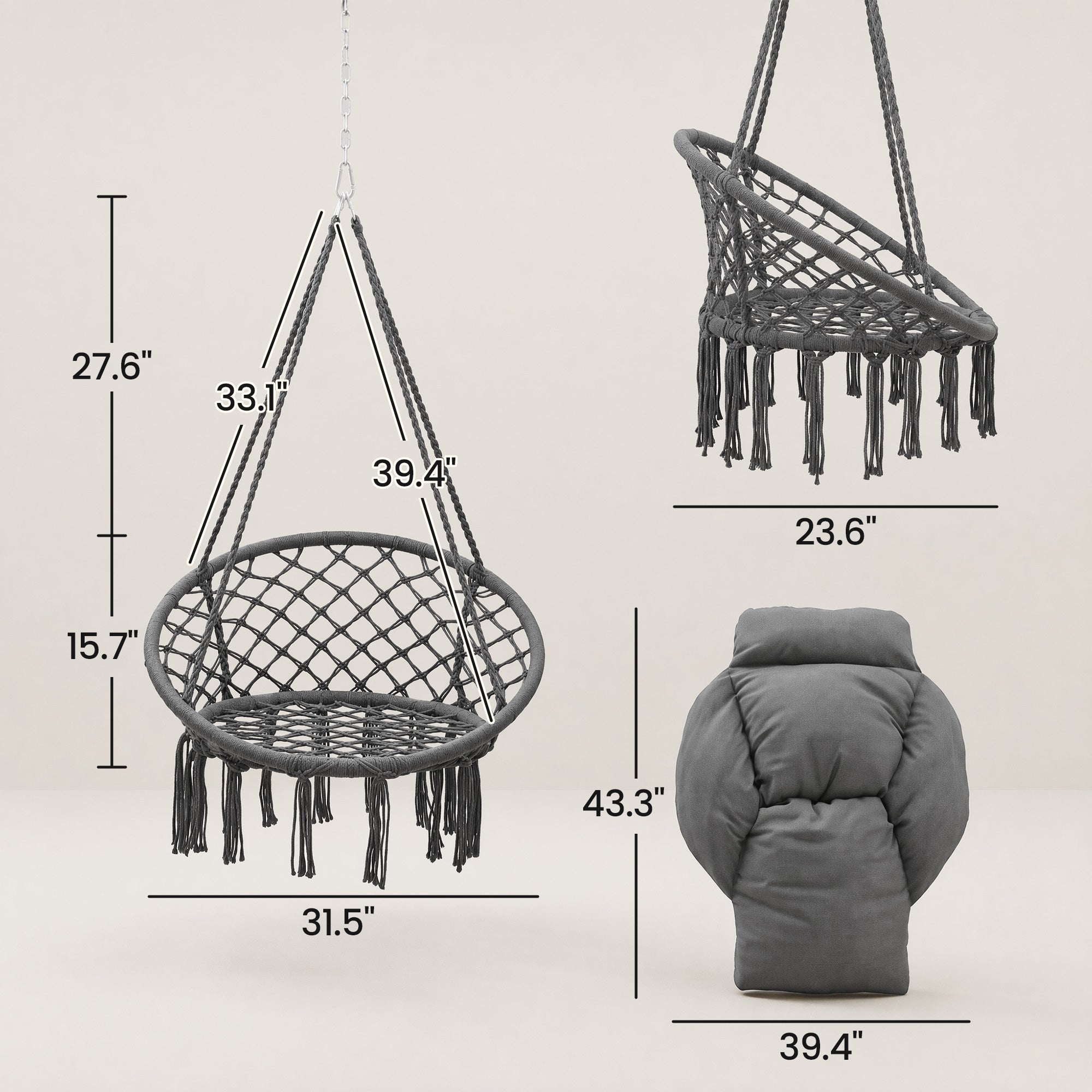 Hammock Swing Chair, Macrame Hanging Chair with Large Cushion, Chain, Steel Frame for Indoor Outdoor Use, Dark Gray