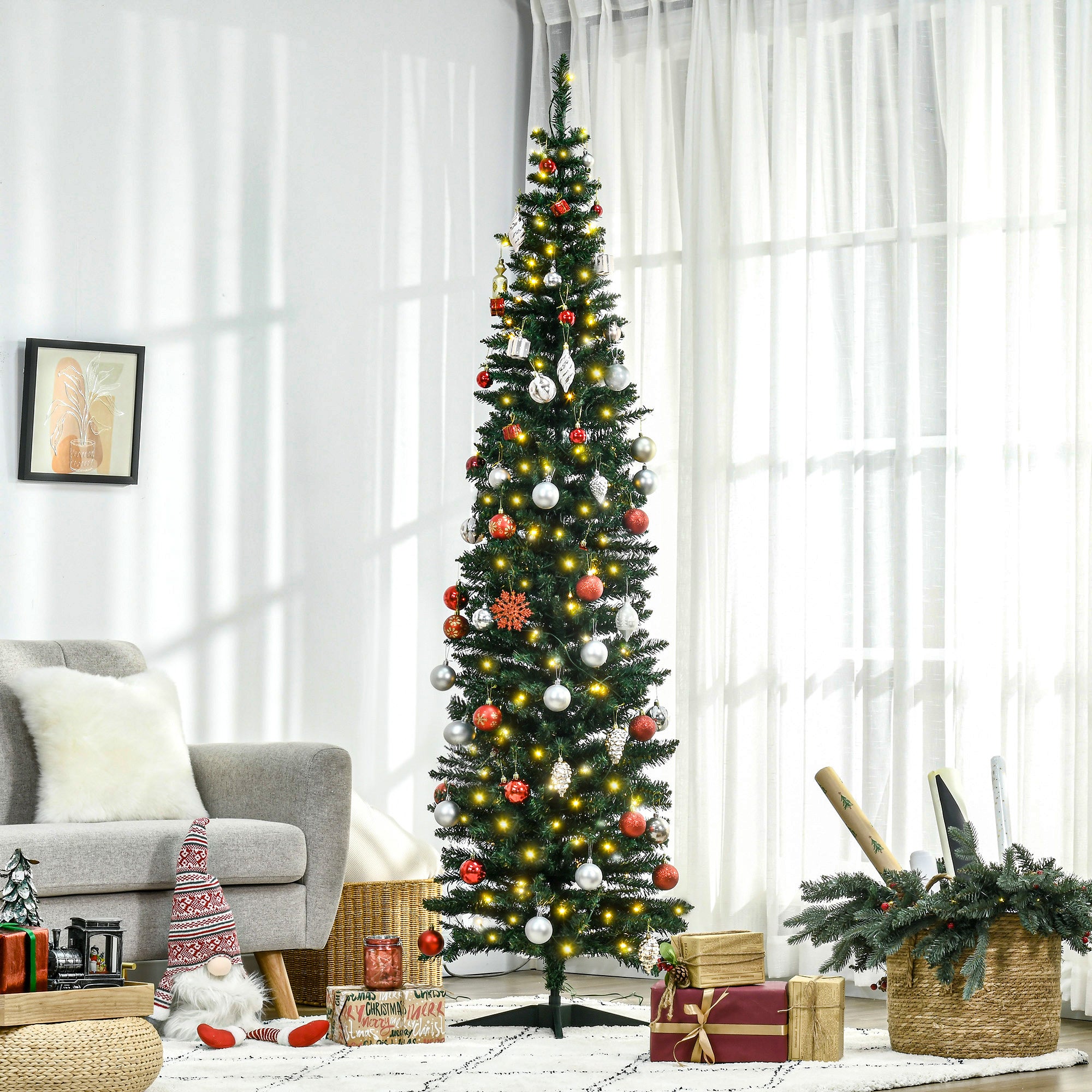 7' Tall Pre-Lit Slim Noble Fir Artificial Pencil Christmas Tree with 200 Warm White LED Lights and 499 Tips, for Christmas Decoration, Green