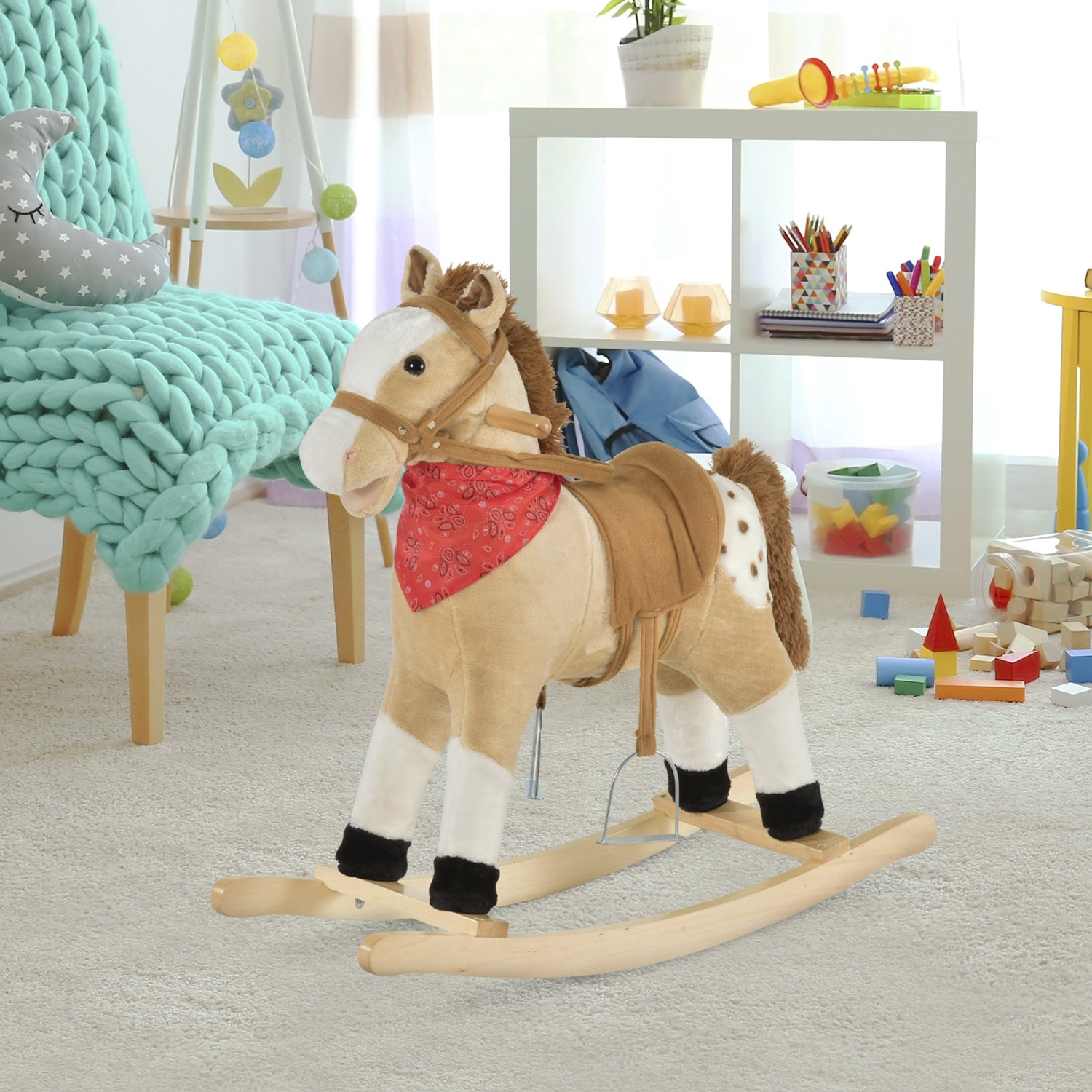 Kids Plush Ride-On Rocking Horse Toy Cowboy Rocker with Fun Realistic Sounds for Child 3-6 Years Old, Beige