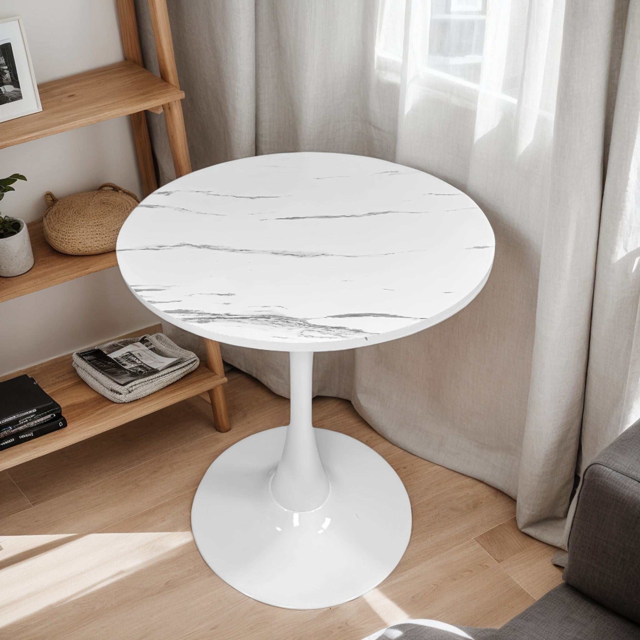 Marble Texture Round Dining Table with MDF Top and Steel Base, Easy to Install and Clean, 23.5" L x 20" W x 29" H, White Marble