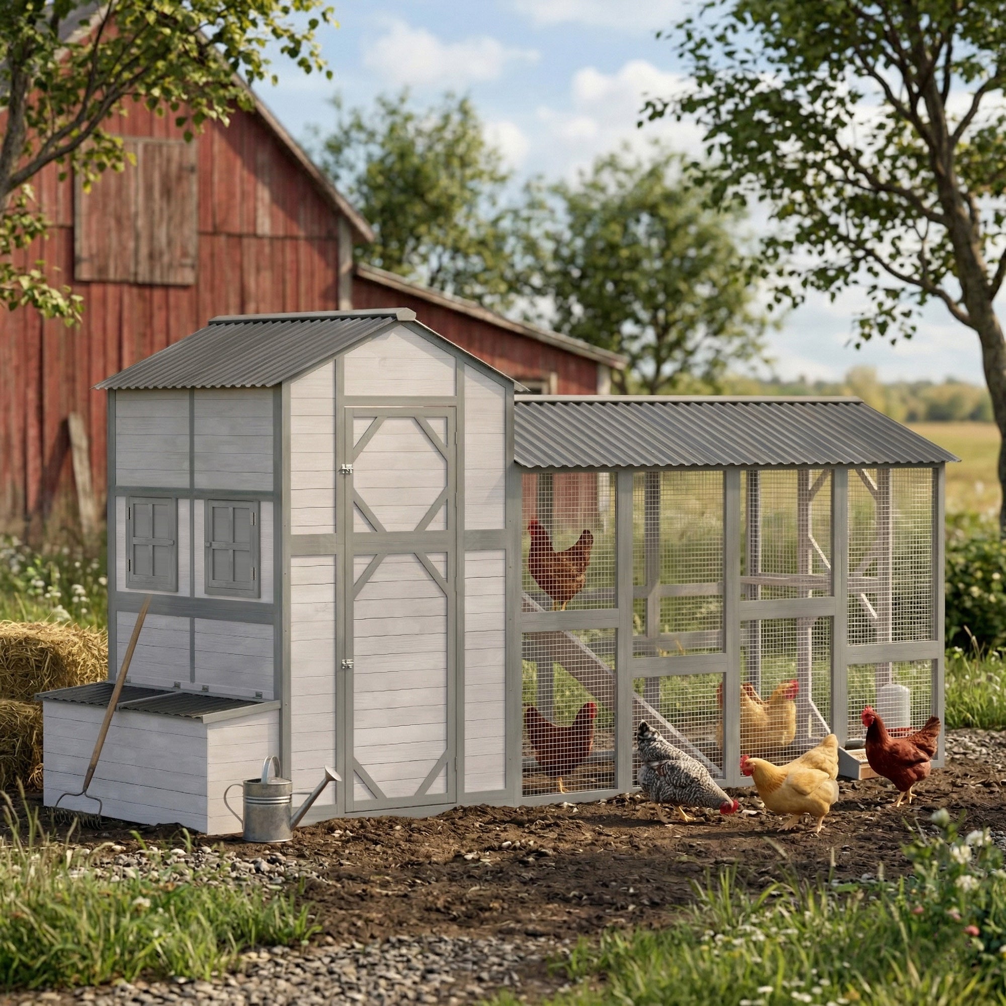 147" Extra Large Chicken Coop, Wooden Hen House for 8-10 Hens, Outdoor Chicken House Poultry Hutch with Run, Gray