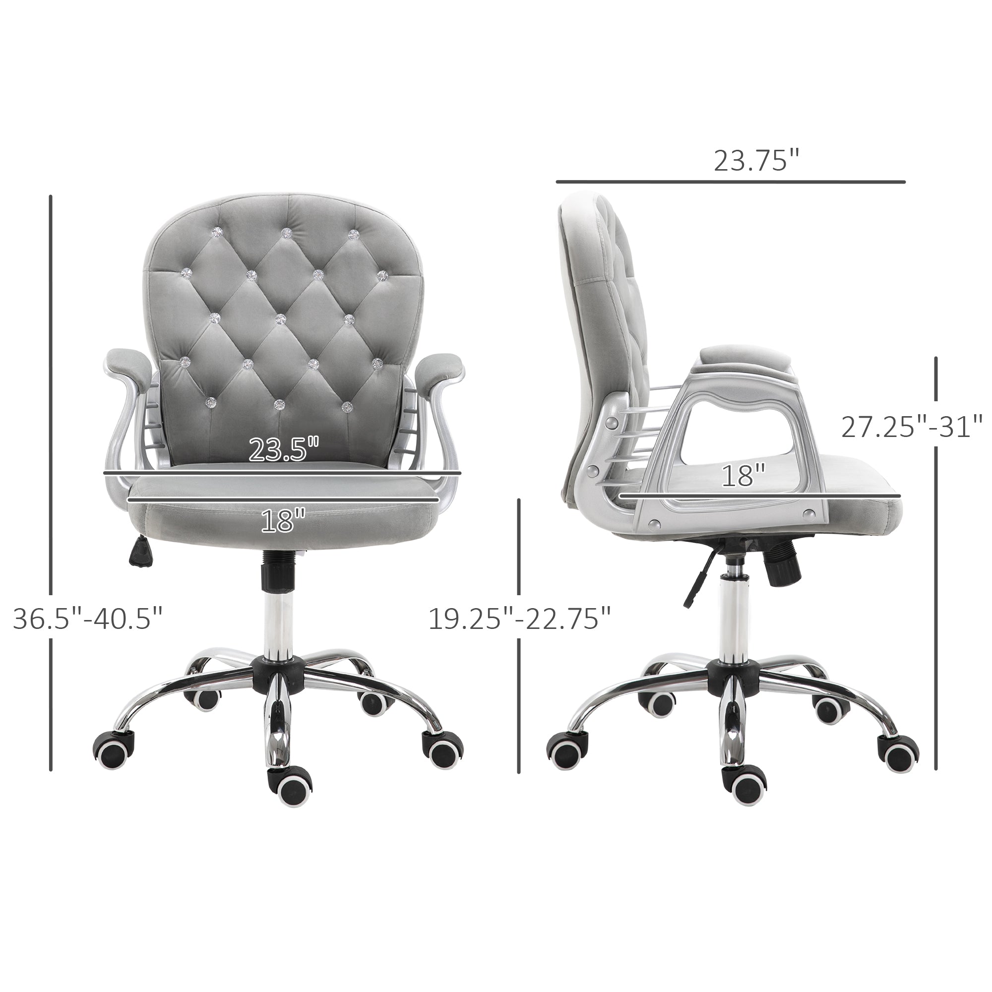 Button Tufted Desk Chair, Home Office Chair with Padded Armrests, Adjustable Height and Swivel Wheels, Gray