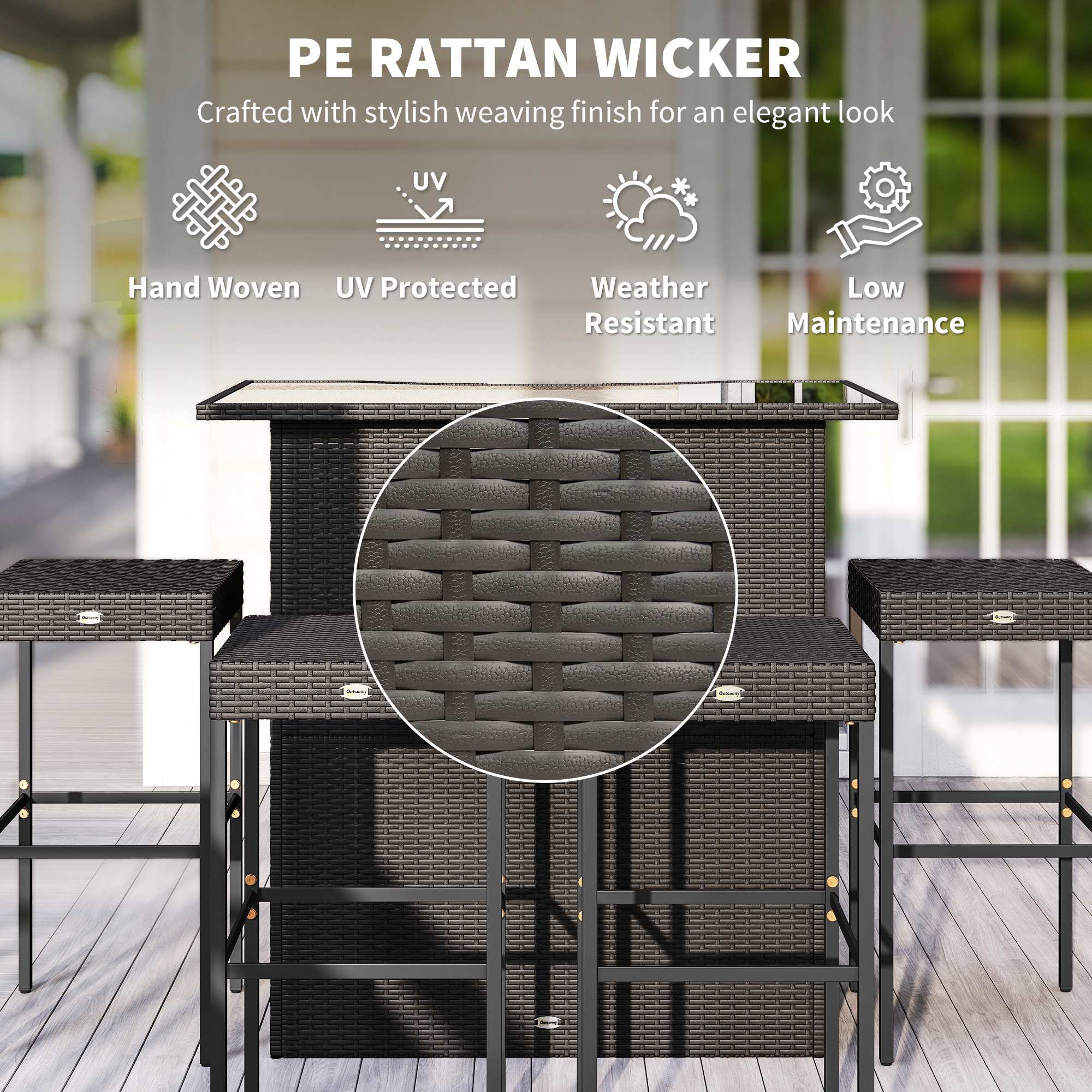 5 Piece Rattan Wicker Bar Set, High Top Outdoor Table and Chairs, Bar Height Patio Set, 2 Shelves & 4 Bar Stools, Brown