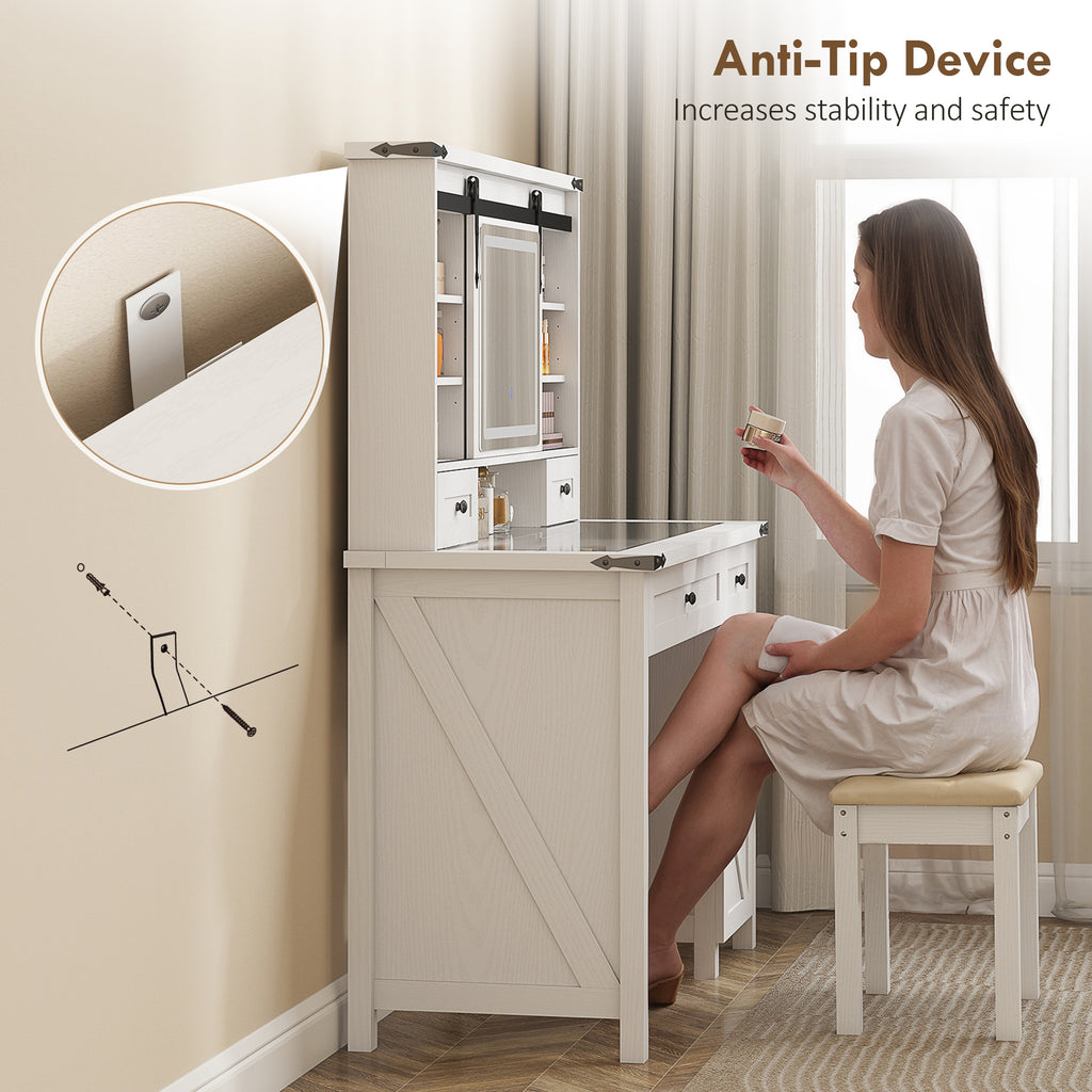 Vanity Desk Set with Mirror and Lights, Cushioned Stool, Storage Drawer, Cabinet, Shelves for Bedroom, White