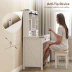 Vanity Desk Set with Mirror and Lights, Cushioned Stool, Storage Drawer, Cabinet, Shelves for Bedroom, White